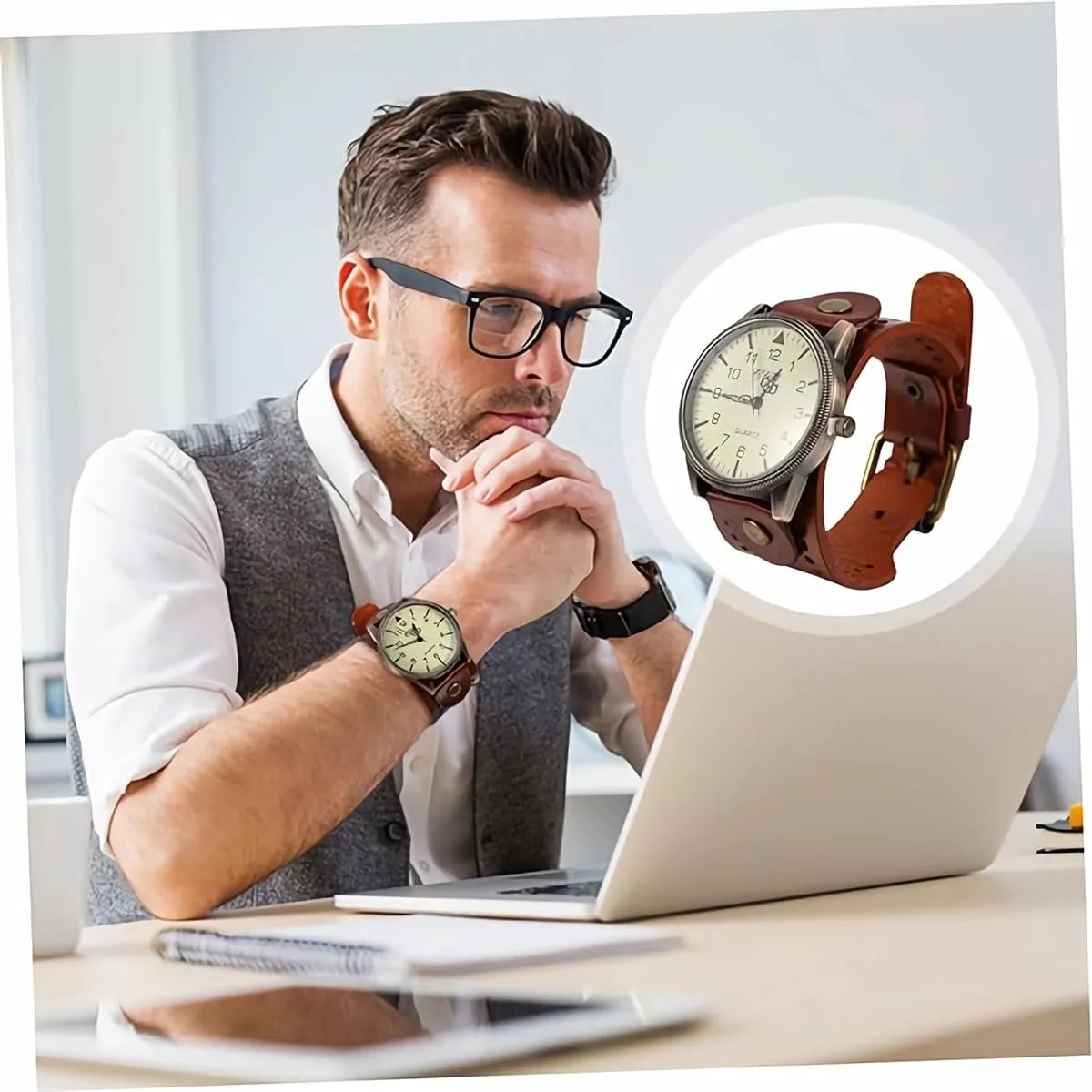 FENKOO Унісекс Вінтажний Шкіряний Ремінець Великий Циферблат Кварцовий Аналоговий Наручний Годинник, фото №3