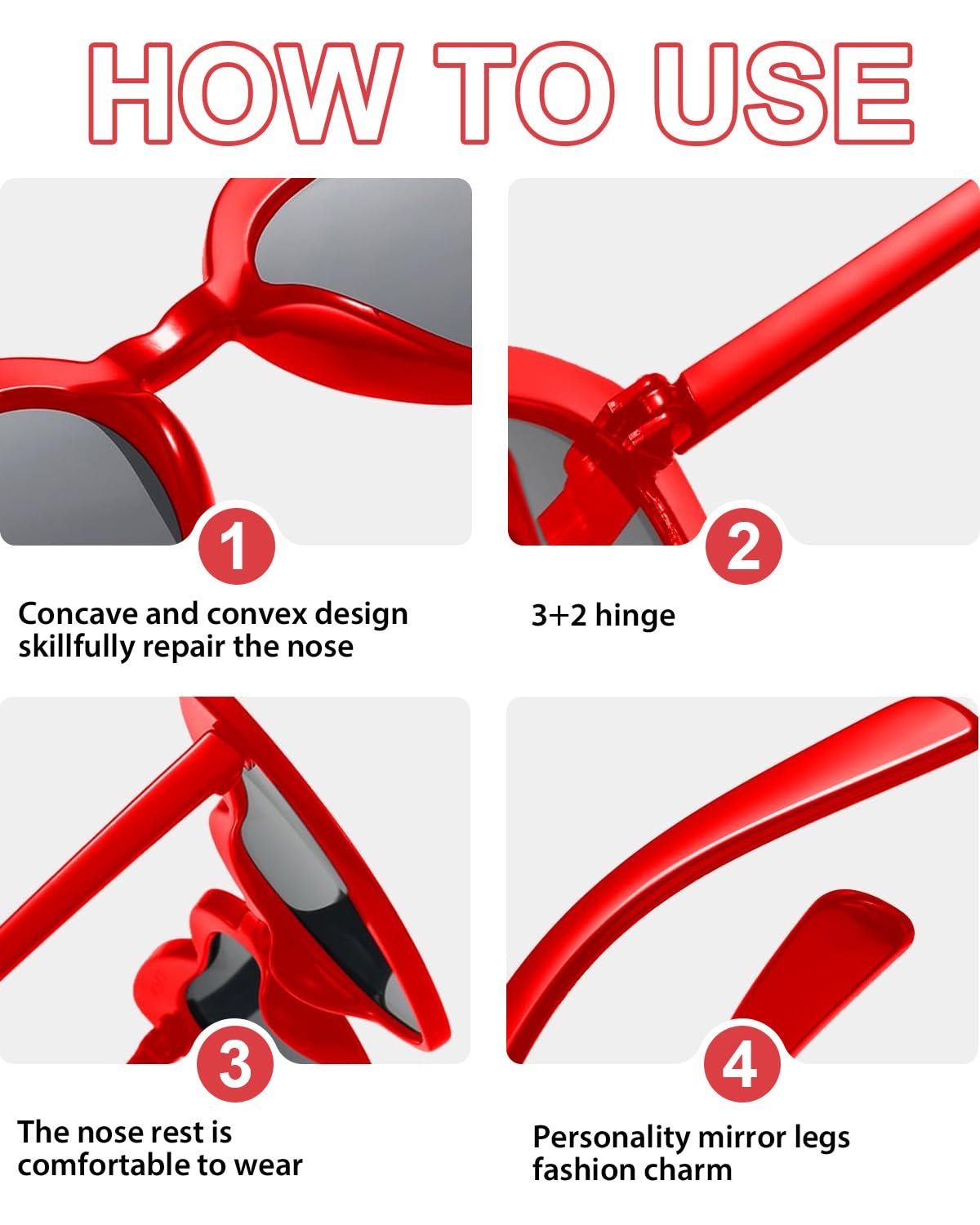 Сонцезахисні окуляри CULEB 2 пари, у формі серця, у стилі 90-х, ретро, смішні, милі, з мотивом серця, червоні, рожеві, фото №3