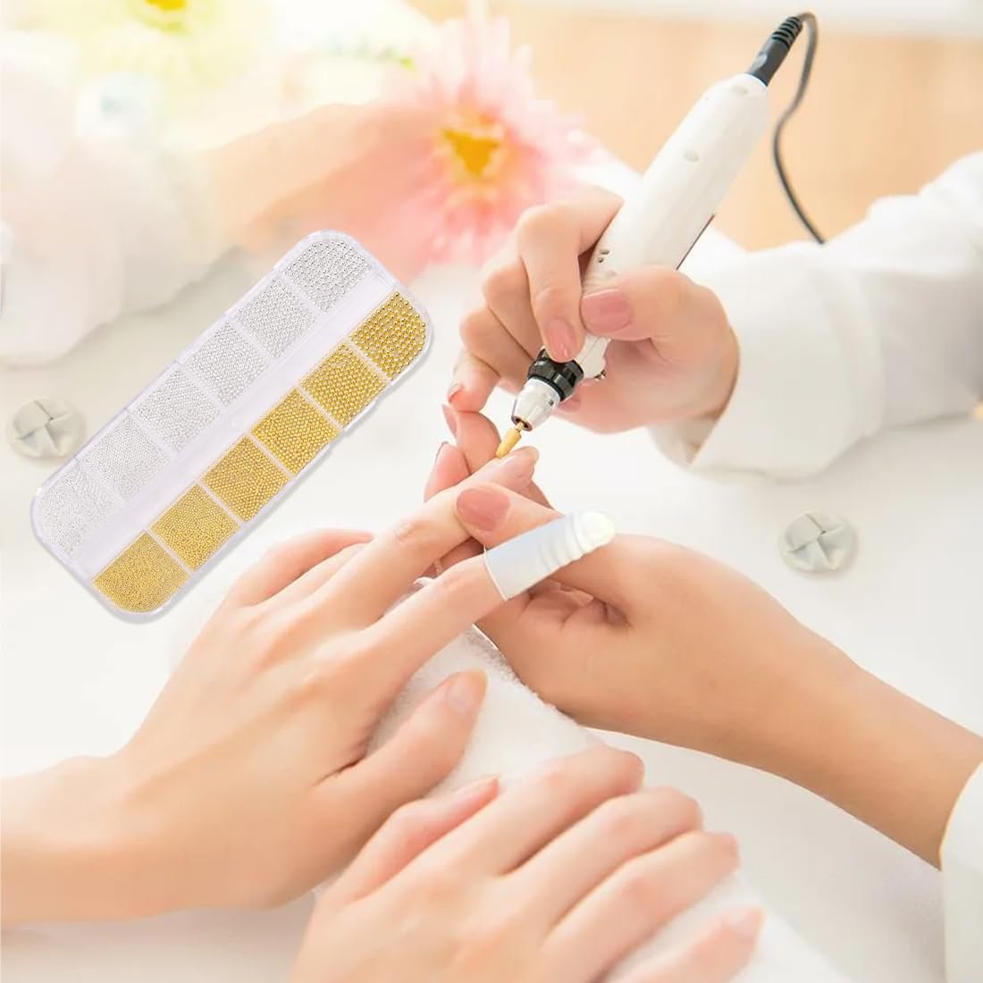 Украшения для ногтей (1 коробка) Золотые серебряные икорные стразы Икорный бисер для ногтей с ручкой для подбора и пинцетом Белый бежевый бисер Микро бисер, фото №6