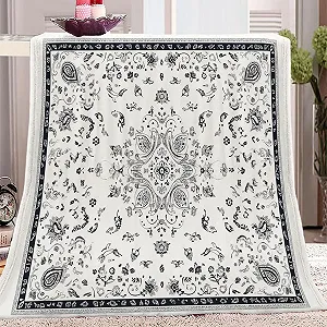 Фланелева Покривало Paisley Bandana Flowers 3D Printed Чорно-білий 180 x 220 см - Фото 1