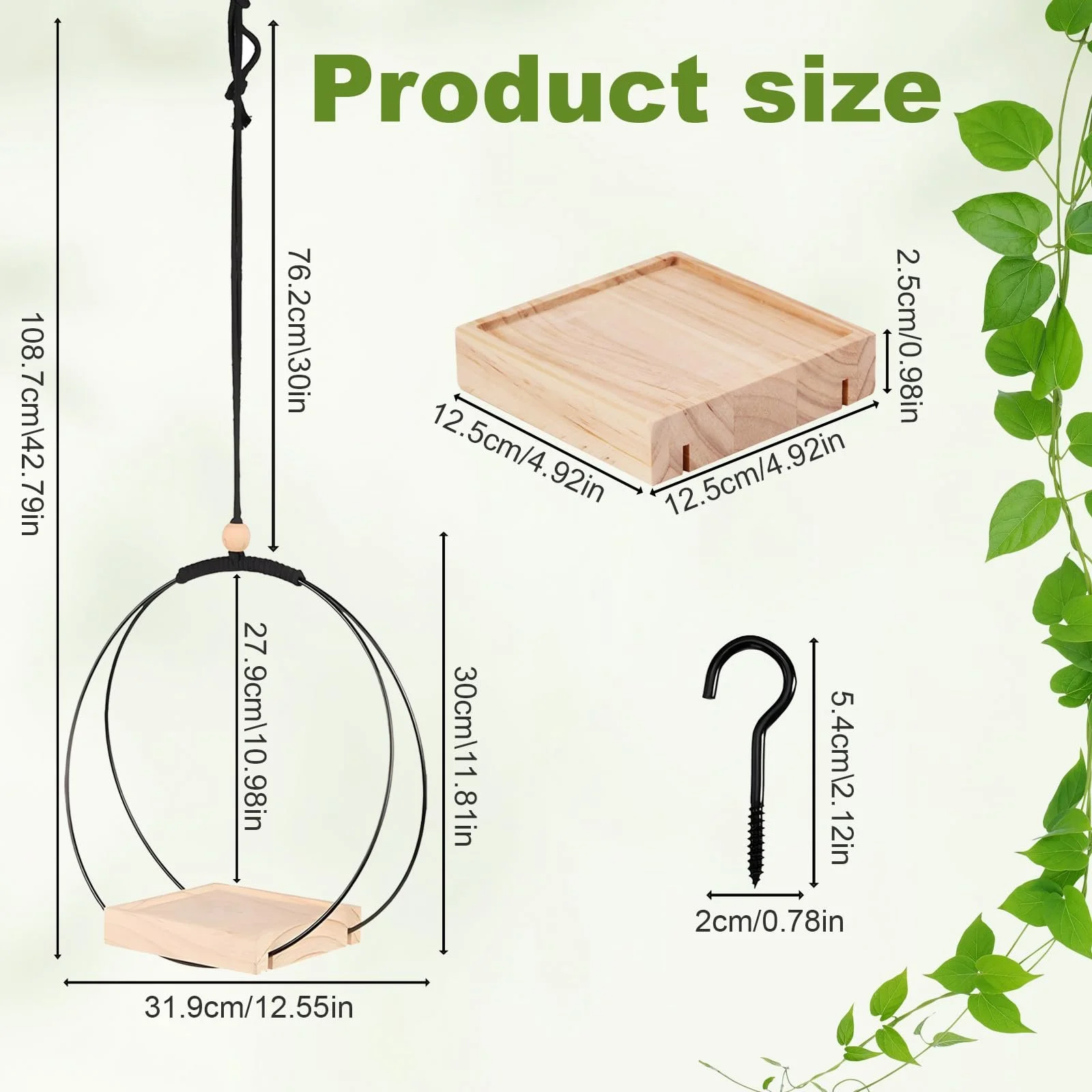 Подвесная корзина SI SEN Деревянное основание Металлический каркас Диаметр 30 см Крючок в комплекте, фото №2