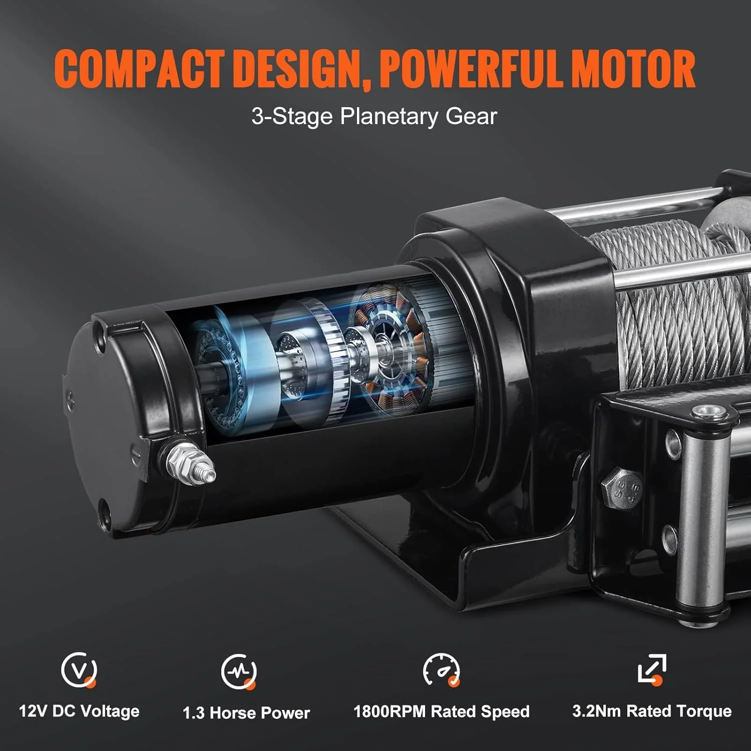Электрическая лебедка VEVOR P3000-1C / 11.9 м / 12V / до 1.3 т / Водонепроницаемая / Черный, фото №4
