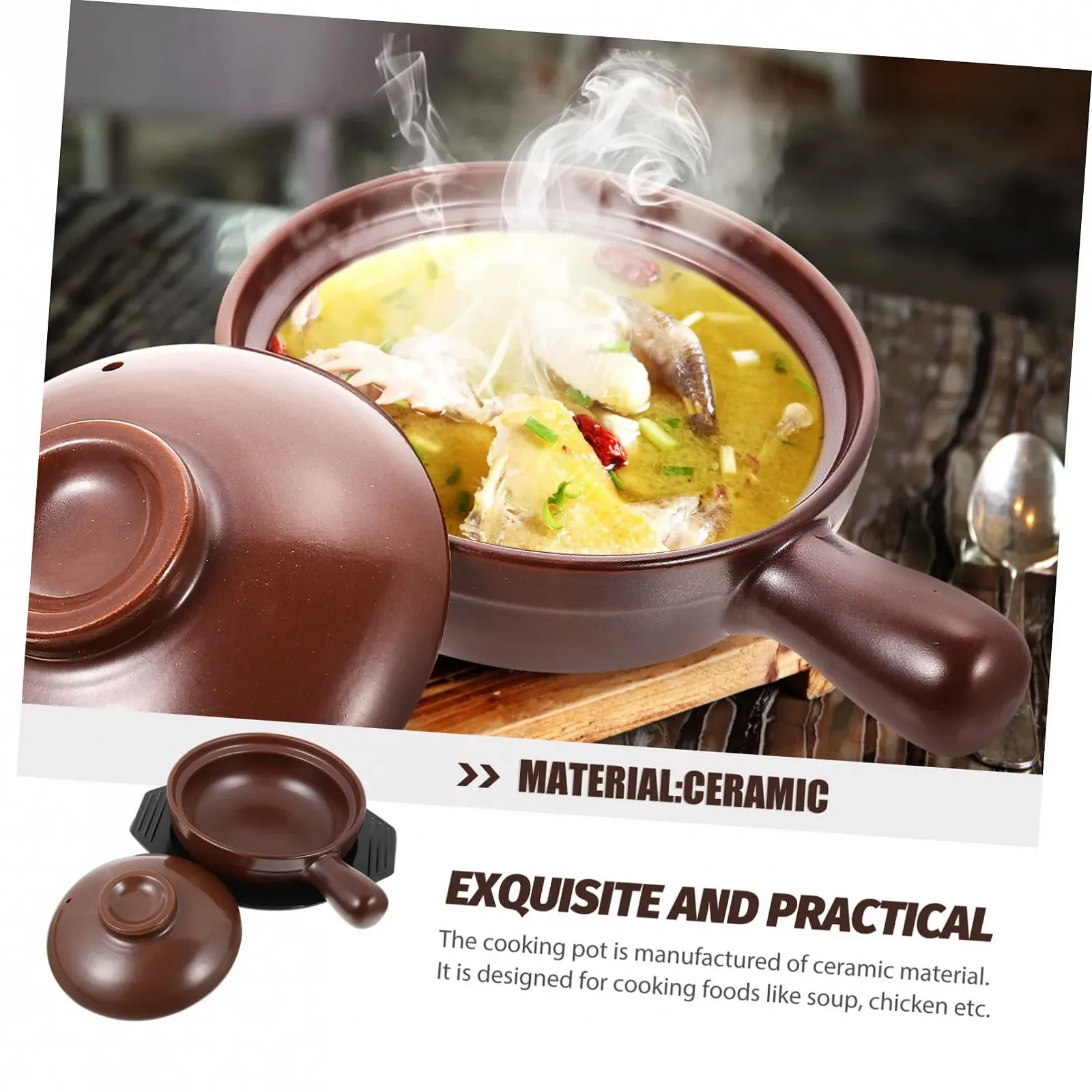 Керамическая кастрюля с ручкой Жаростойкая Нескользящая с подставкой, фото №4