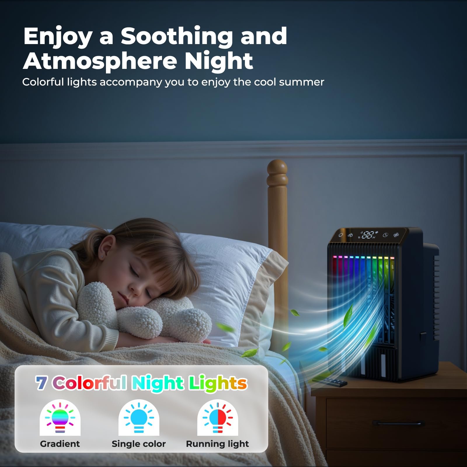 Мобільний міні-кондиціонер 4-в-1 з дисплеєм 1000 мл 4 швидкості Пульт Подвійне розпилення 7 кольорів, фото №5