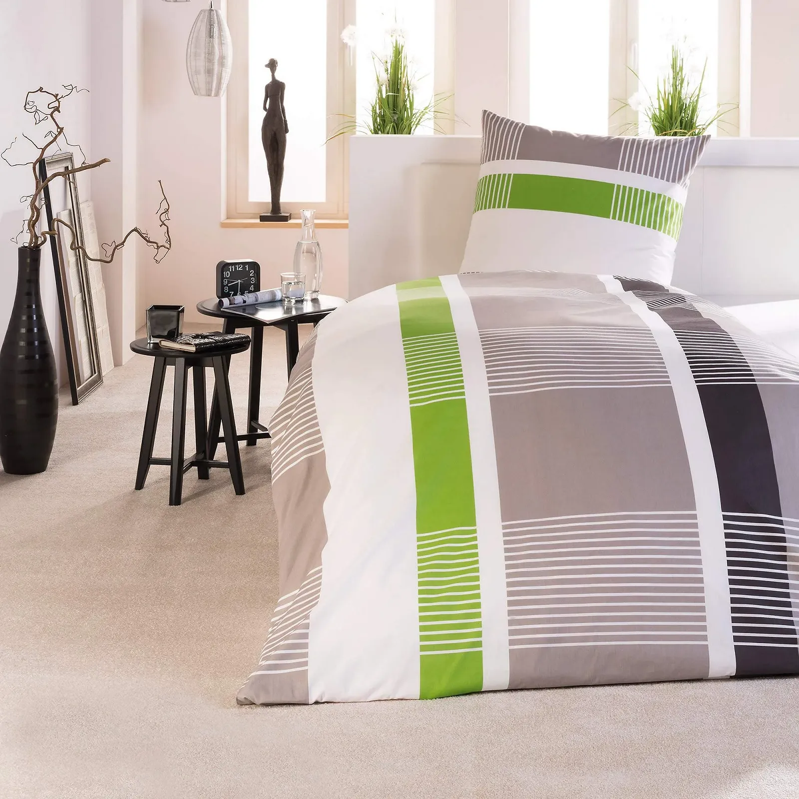 Постільна білизна Beautissu Dana 135 x 200 або 155 x 220 см на блискавці бавовна 100% наволочка 80 x 80 см Сіро-зелено-біла, фото №1