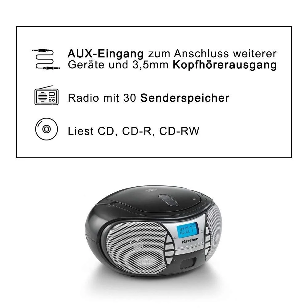 Портативний CD-радіоприймач Karcher RR 5025-B (FM-радіо, живлення від батареї/мережі, AUX-вхід) чорний, фото №4 Портативний CD-радіоприймач Karcher RR 5025-B (FM-радіо, живлення від батареї/мережі, AUX-вхід) чорний, фото №4