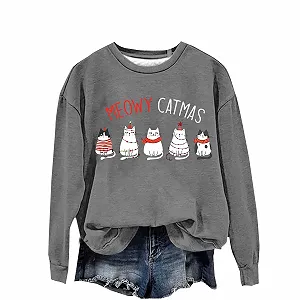 Женский Рождественский свитшот Кот Meowy Catmas с принтом кота, графический, с круглым вырезом, пуловер, с длинными рукавами - Фото 1