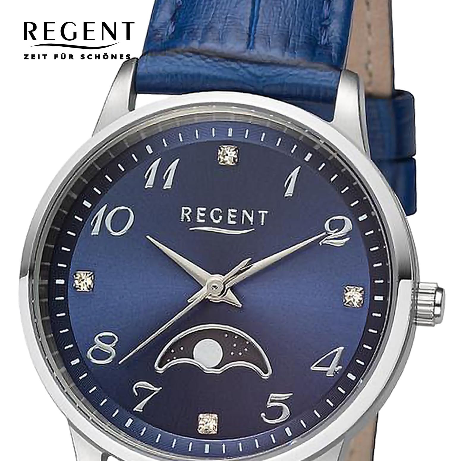 Женские аналоговые часы REGENT UR2112552, кожаный ремешок, синий, серебристо-синий ремешок, фото №2