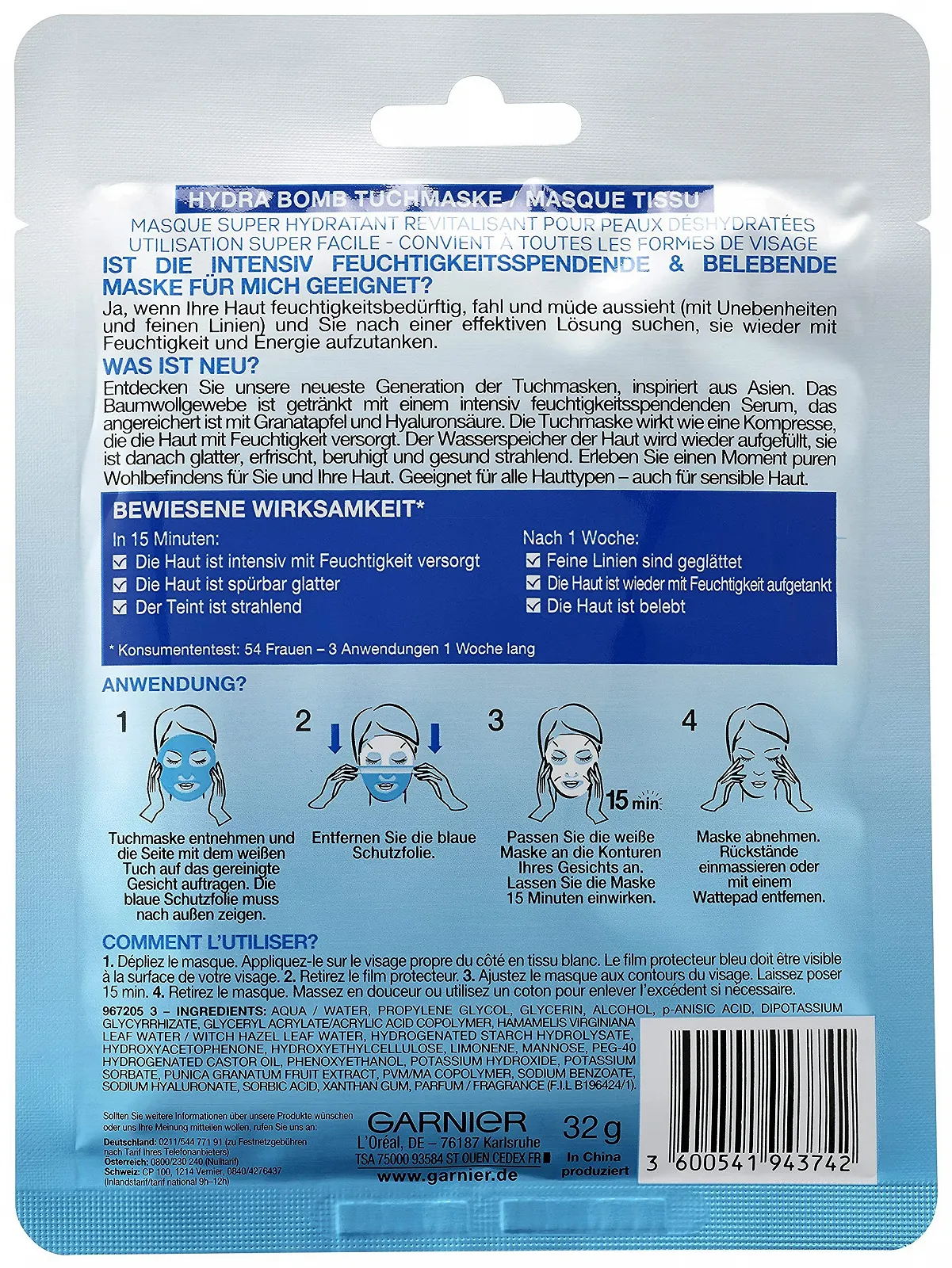 Тканинна Маска Garnier Hydra Bomb з гіалуроновою кислотою, гранатом і зволожуючою сироваткою, 32 г, фото №2