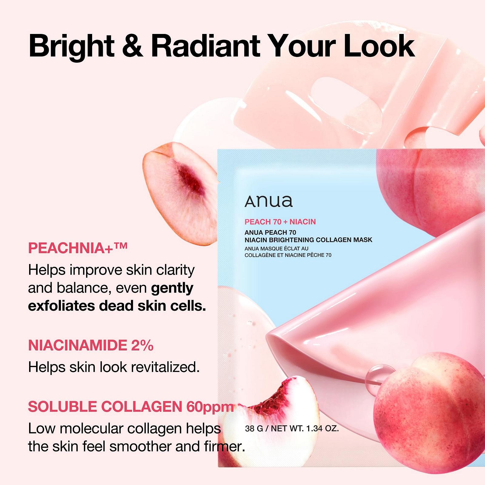 Маска для лица ANUA Peach 70 Niacin Brightening Collagen, ночная маска для стеклянной кожи, ниацинамид, коллагеновая маска для лица, эластичность, сияние с увлажнением, натуральный цвет, корейский уход за кожей, 38 г/4 шт, фото №3 Маска для лица ANUA Peach 70 Niacin Brightening Collagen, ночная маска для стеклянной кожи, ниацинамид, коллагеновая маска для лица, эластичность, сияние с увлажнением, натуральный цвет, корейский уход за кожей, 38 г/4 шт, фото №3