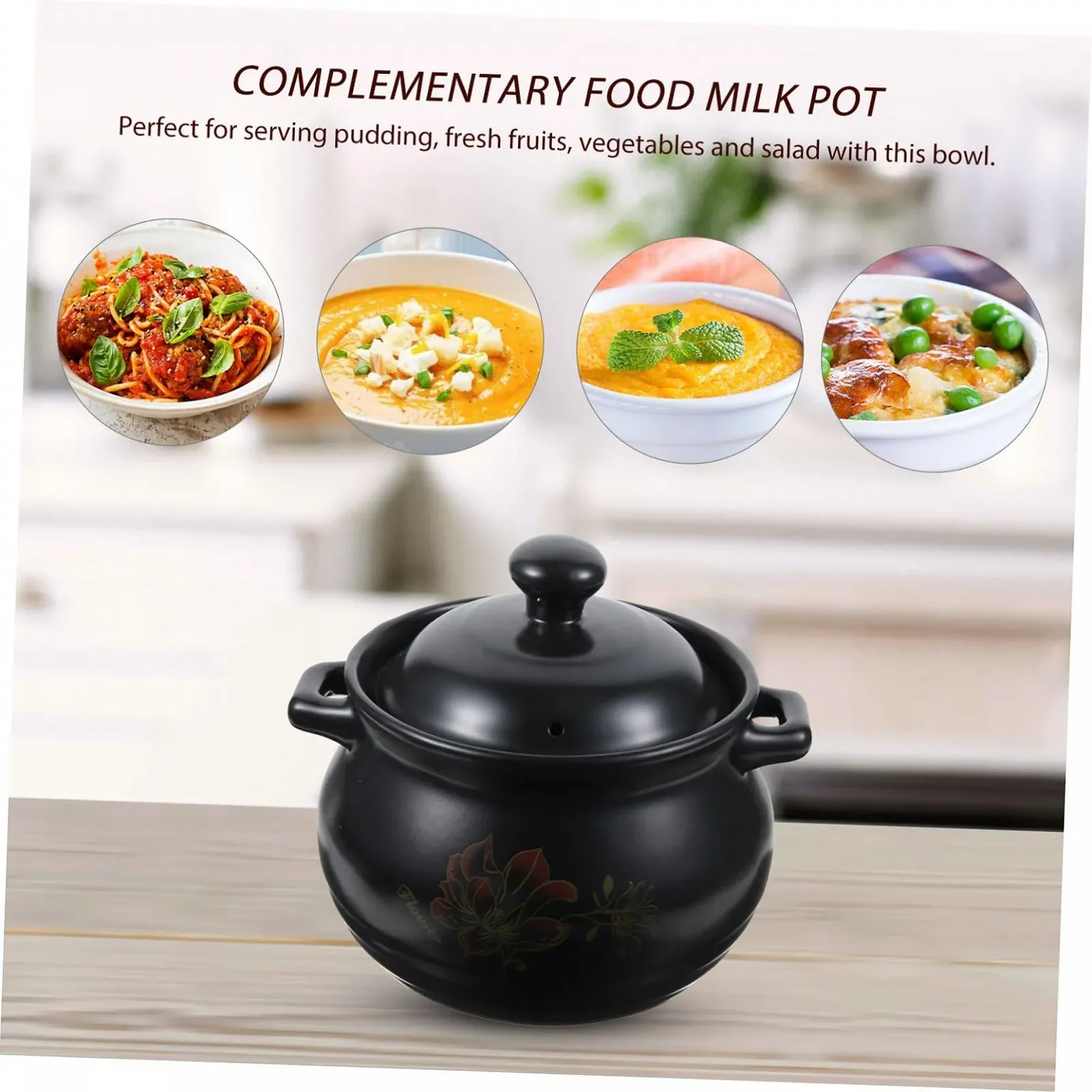 Кастрюля Ciieeo керамическая с цветочным узором Черный, фото №5