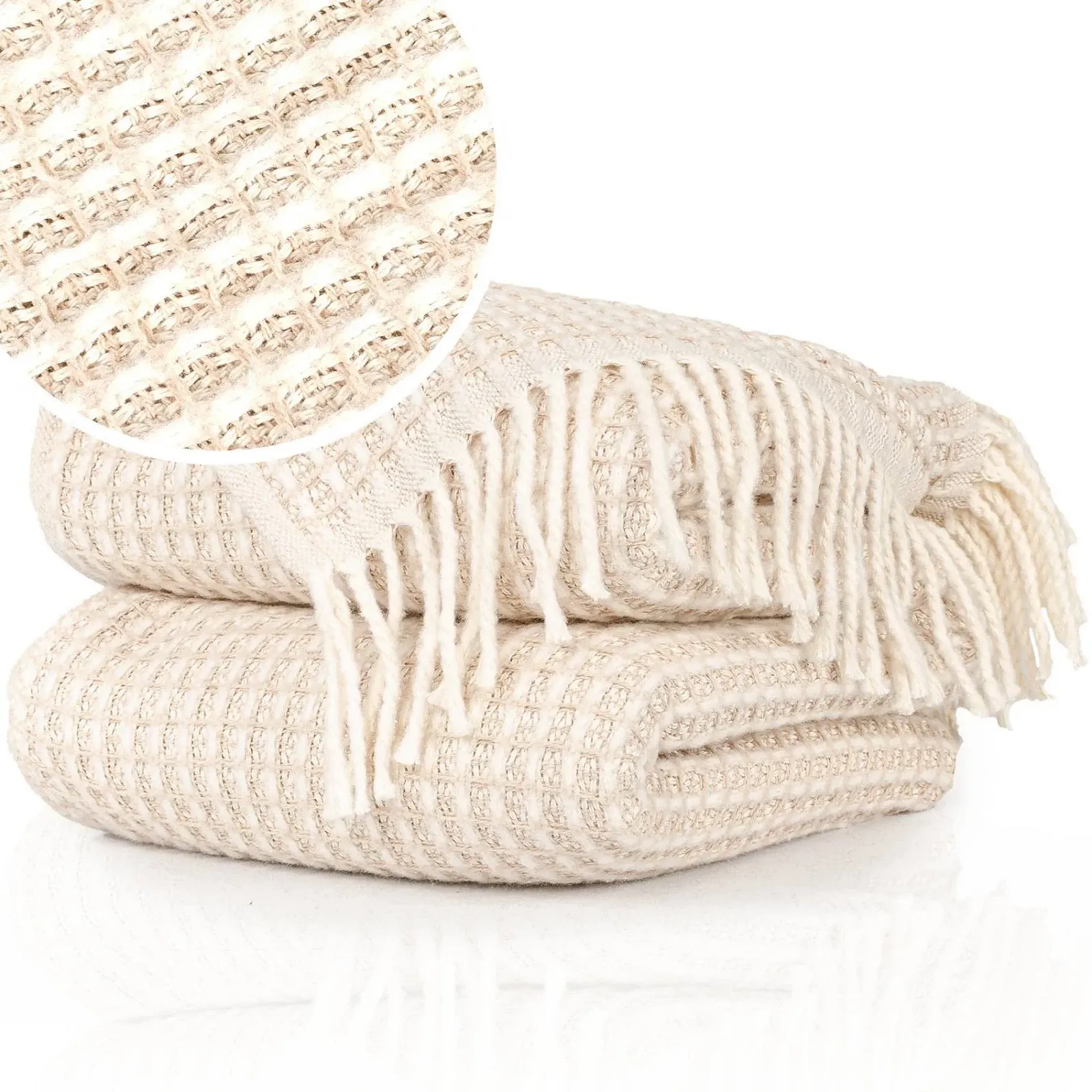 Покрывало ANRO Beatriz Плед, Накидка на диван, Покрывало на диван, Плед для гостиной, Покрывало на кровать с бахромой, 150 x 200 см, Бежевый, фото №3