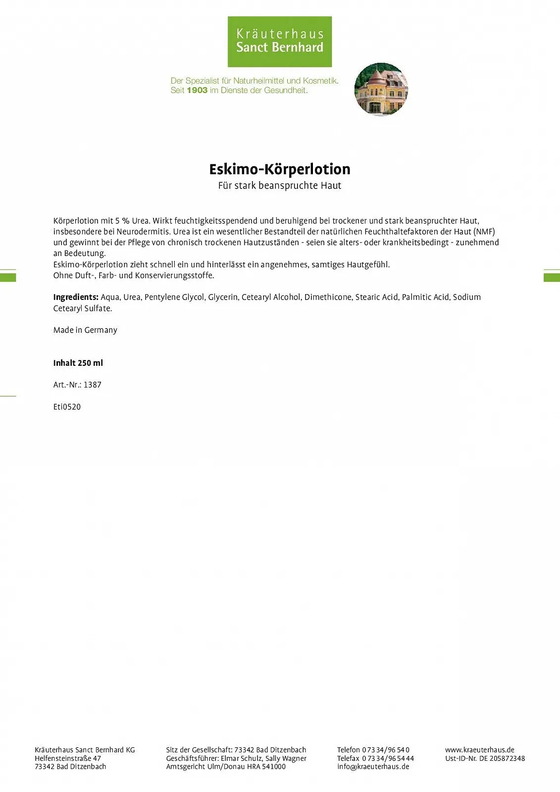 Лосьйон для тіла Sanct Bernhard Eskimo з сечовиною для дуже сухої шкіри, 250 мл, фото №2