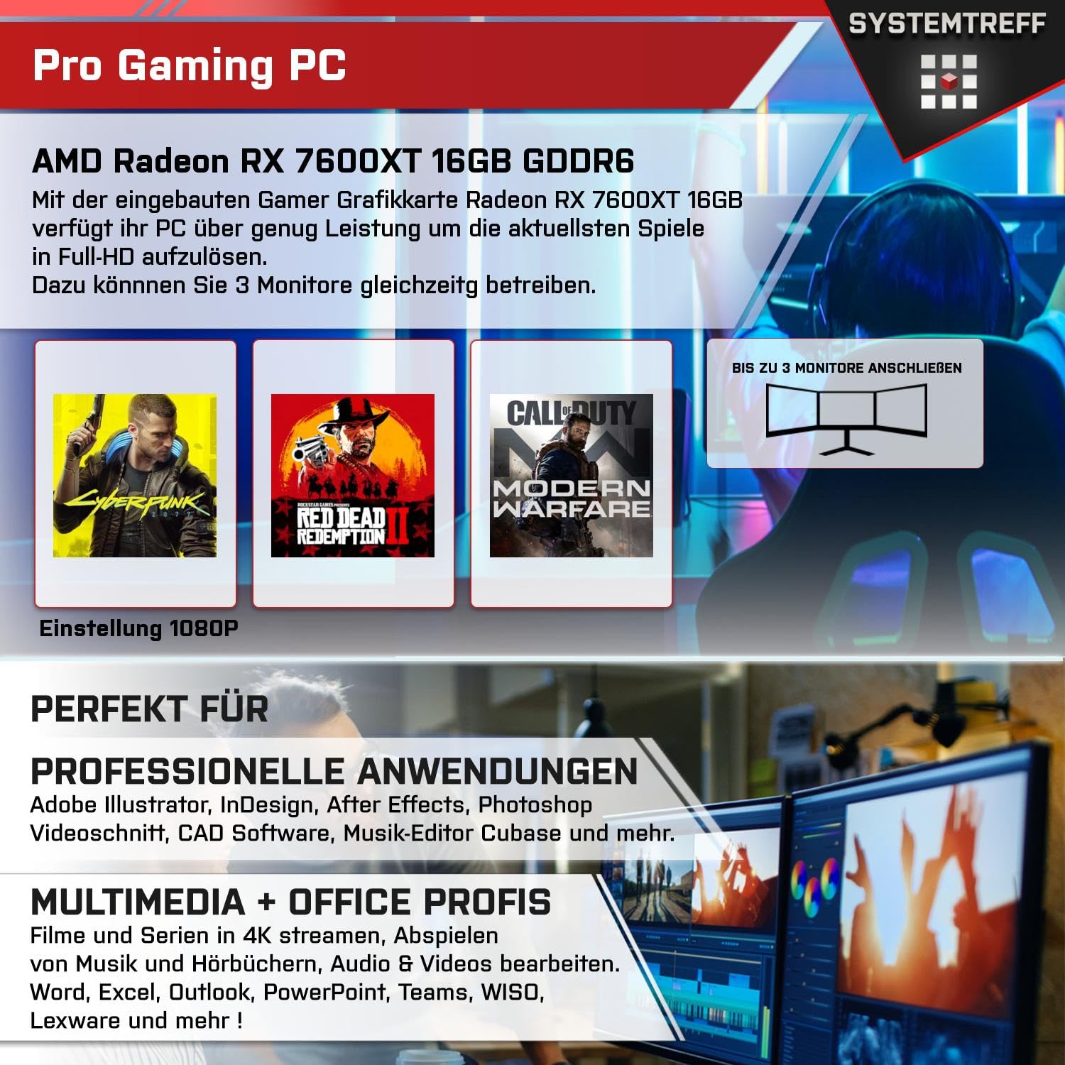 Комплект ПК SYSTEMTREFF Gaming AMD Ryzen 7 5700X 8 x 4.6GHz AMD Radeon RX 7600XT 16GB DX12 1TB M.2 NVMe 32GB DDR4 RAM WLAN, фото №5