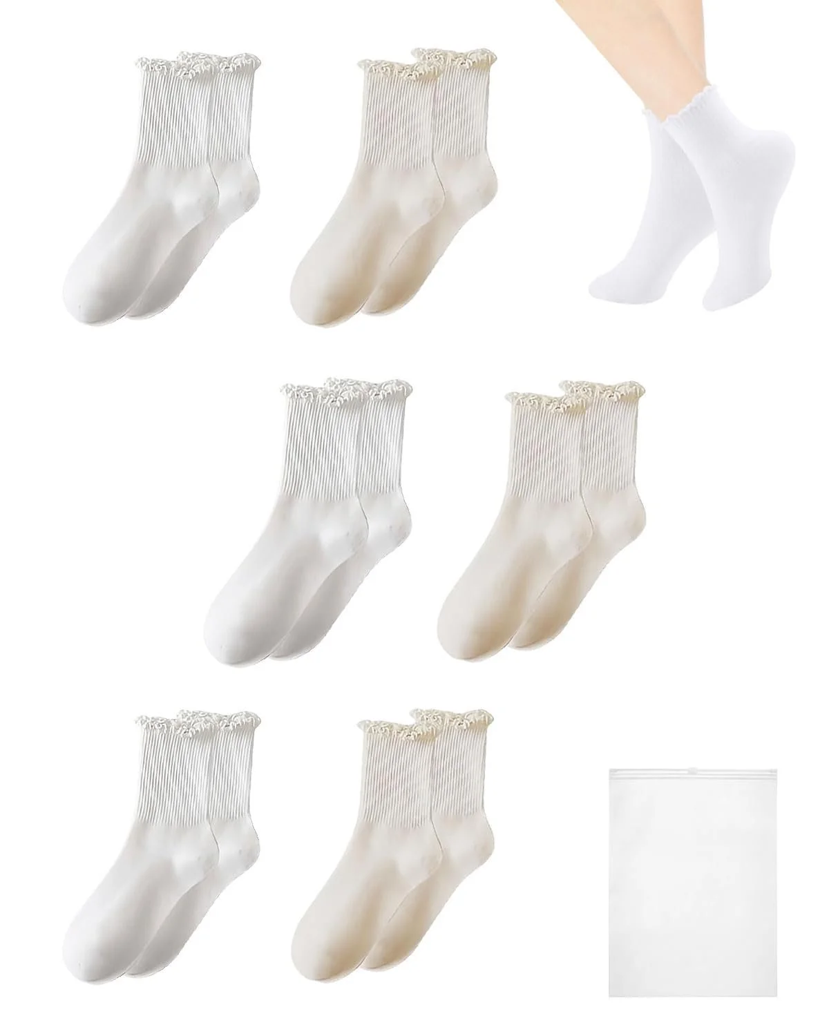 Носки с рюшами Хлопковые Женские Носки до середины голени Мягкие дышащие для женщин/девушек для спорта/отдыха 35-40 Белый, кремовый, 6 пар, фото №1