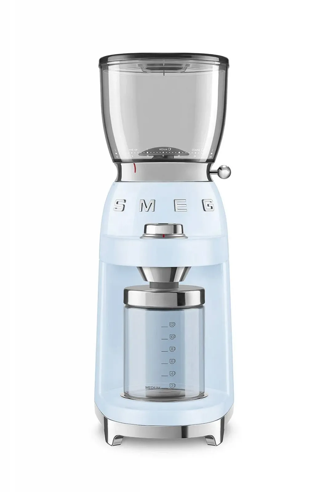 Кавомолка SMEG CGF01PBEU Конічна з нержавіючої сталі, 30 налаштувань помелу, контейнер для кавових зерен 350 г, литий алюмінієвий корпус преміум-класу, 150 Вт, блакитна, фото №1