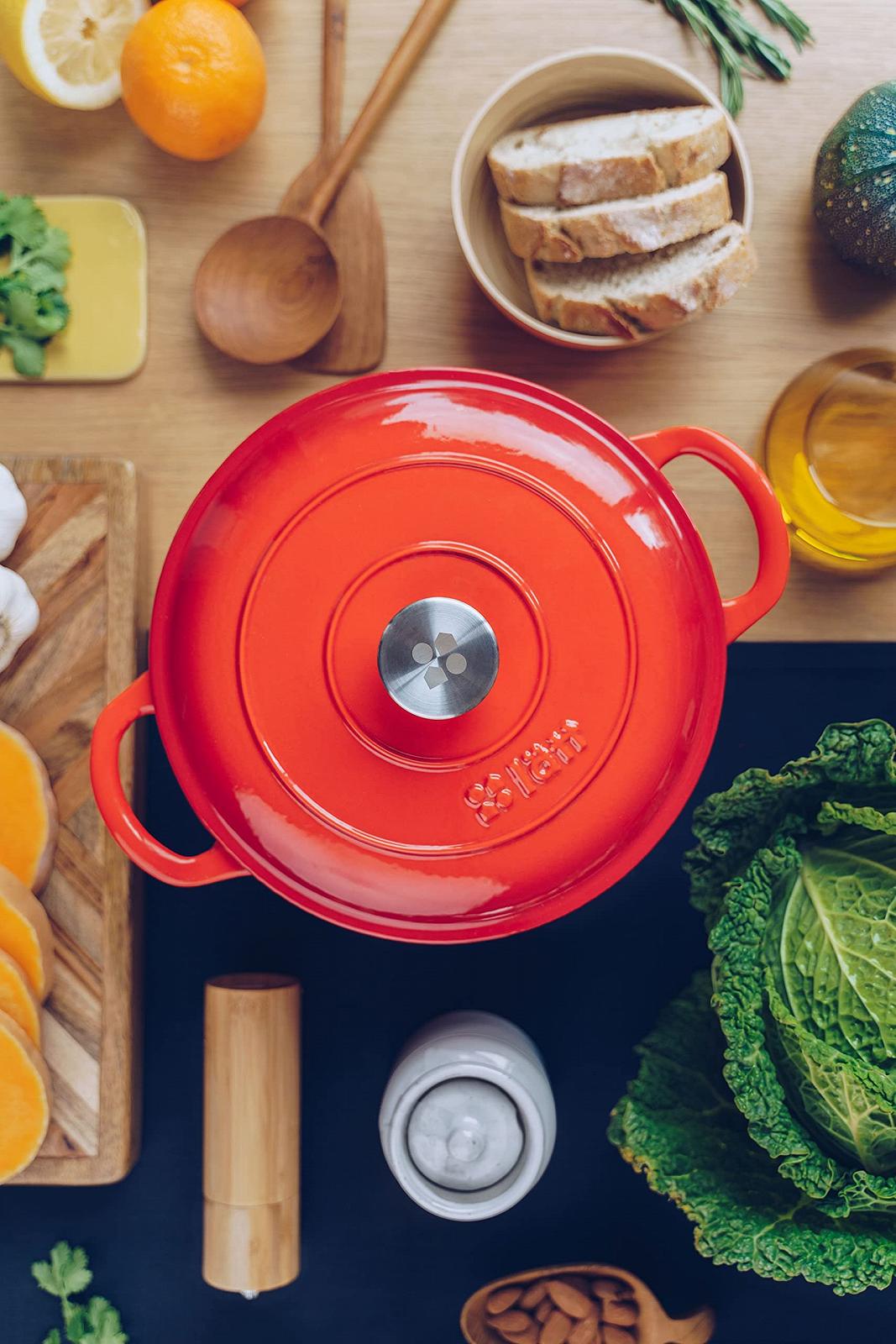 Кокот Чугунный эмалированный круглый 22 x 10.5 см 3.35 л Оранжевый, фото №7