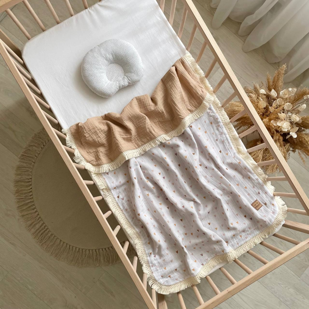 Плед муслин жатка Сердечки беж и бахрома 80х100, фото №5 Плед муслин жатка Сердечки беж и бахрома 80х100, фото №5