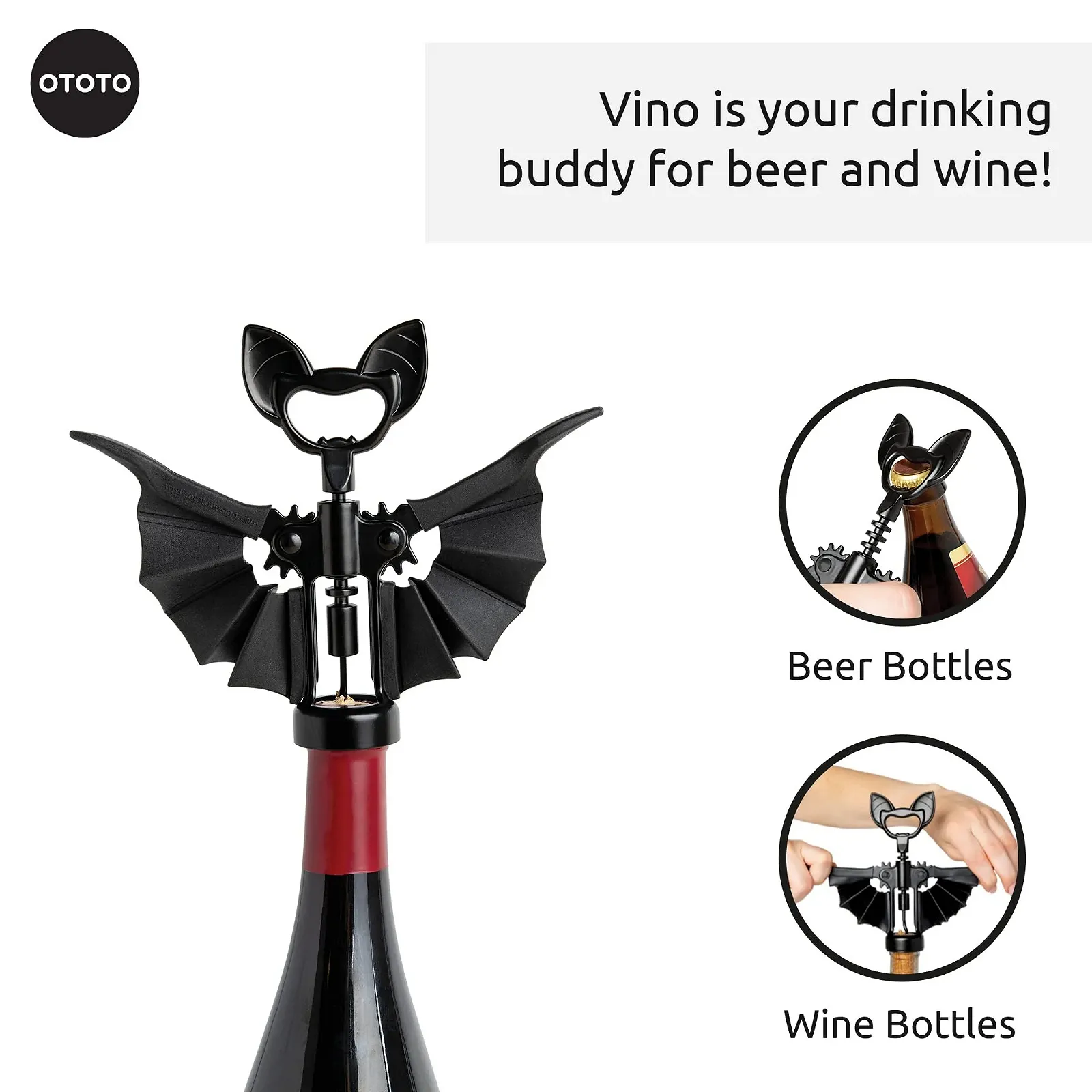 Штопор 2-в-1 OTOTO Vino Bat, Чорний, фото №3 Штопор 2-в-1 OTOTO Vino Bat, Чорний, фото №3