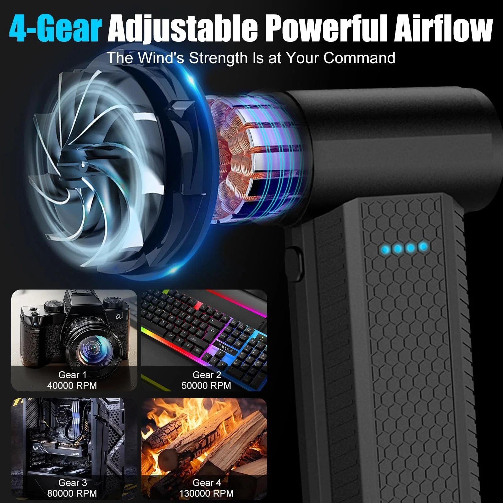 Електрична повітродувка OBEST 130000 RPM 4000 мАг 4 швидкості, фото №3