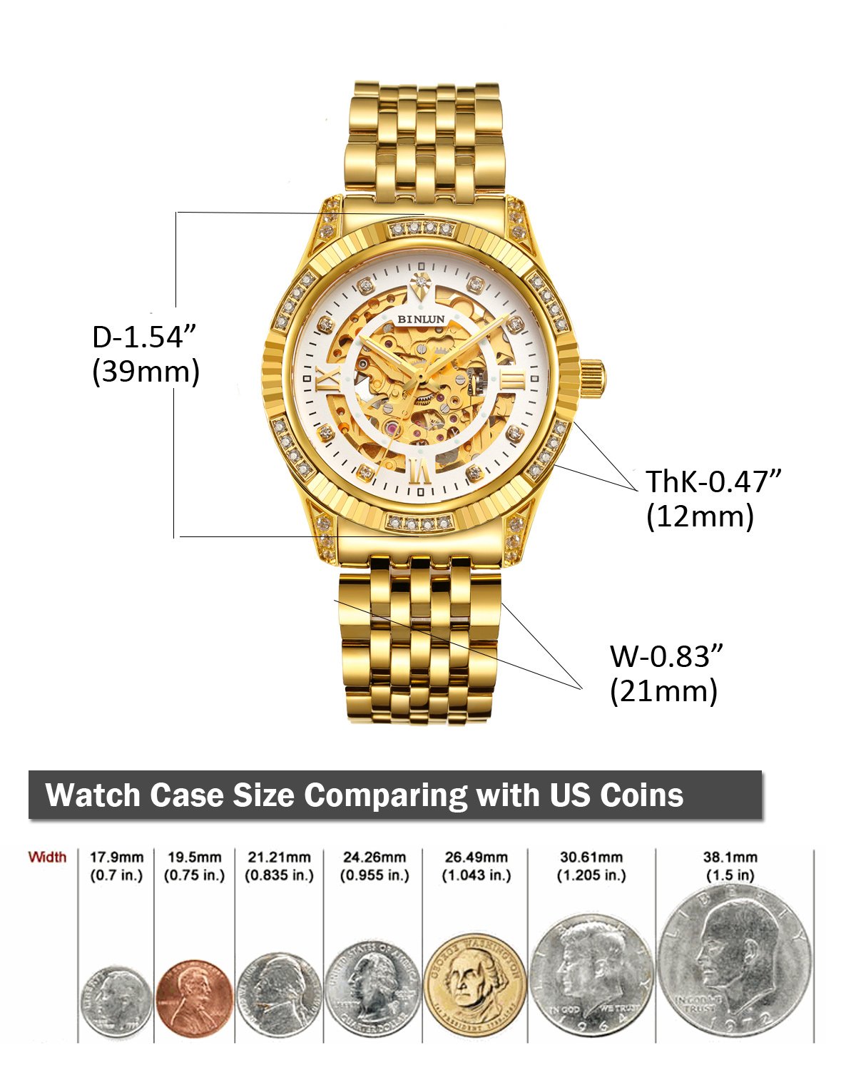 Годинник Binlun Analogue Automatic з браслетом з нержавіючої сталі позолоченим 18K Skeleton для Дня Святого Валентина, фото №6