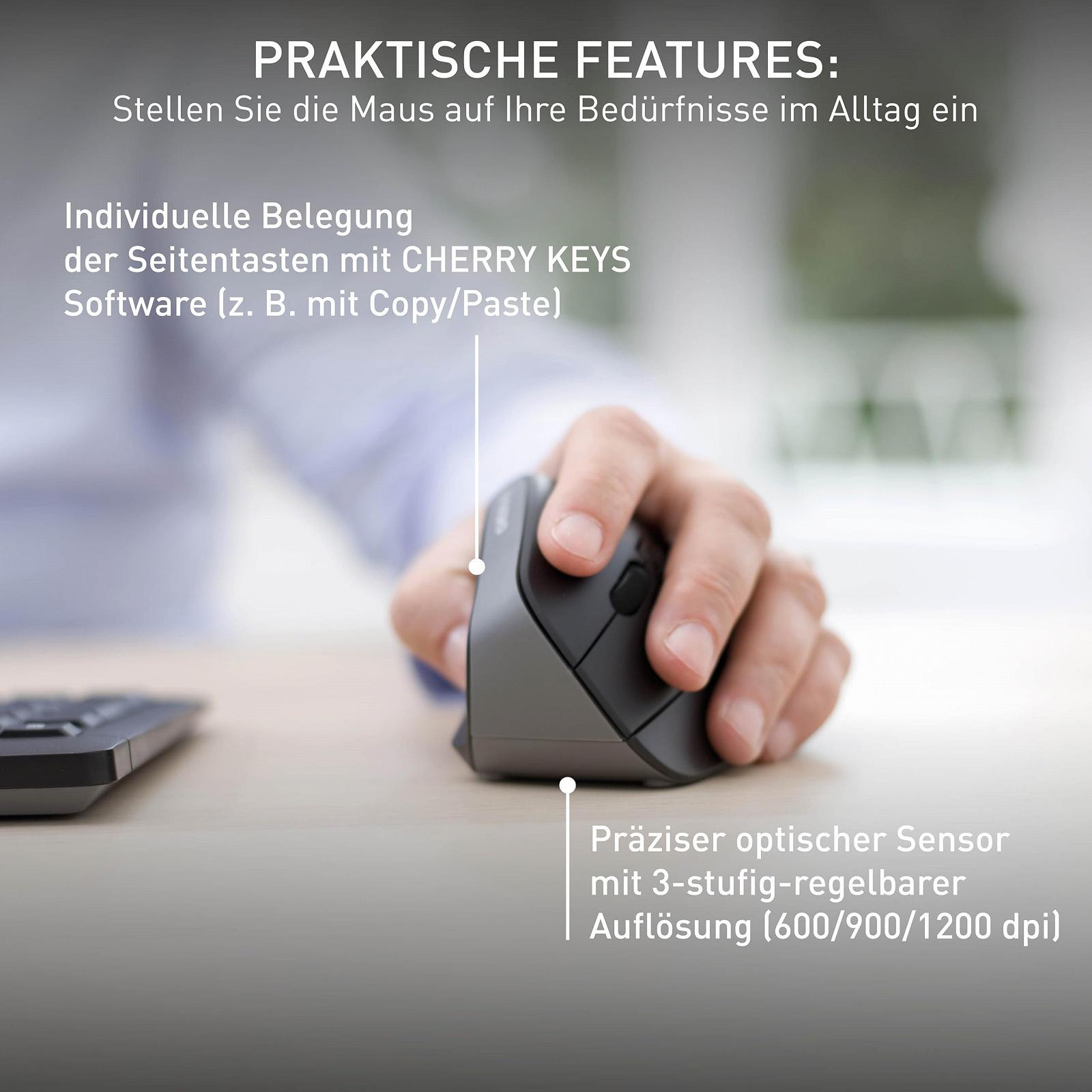 Миша CHERRY MW 4500 LEFT, ергономічна вертикальна для лівшів, бездротова (2.4 GHz), регульована роздільна здатність до 1200 dpi, живлення від батареї, чорна, фото №6