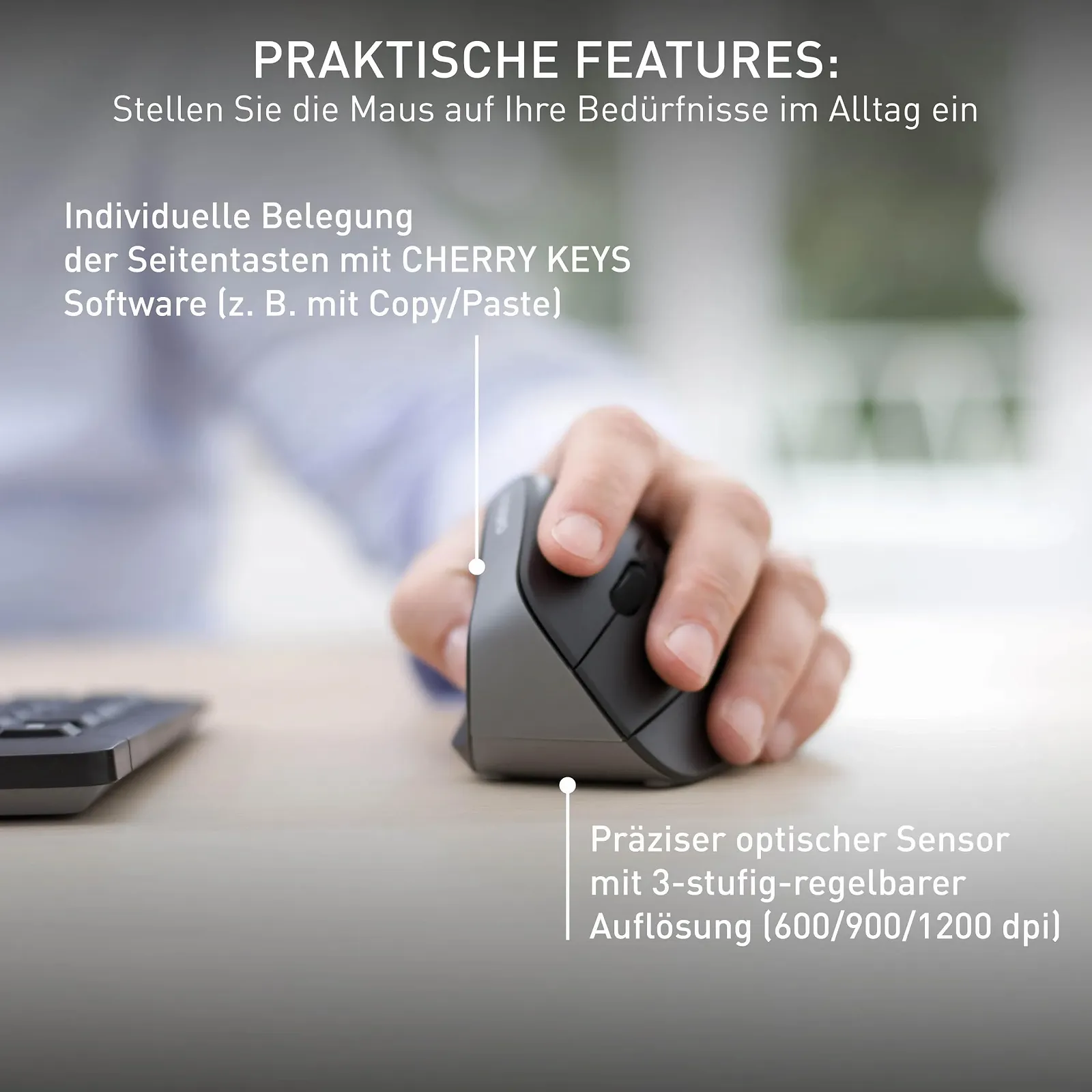 Мышь CHERRY MW 4500 LEFT, эргономичная вертикальная для левшей, беспроводная (2.4 GHz), регулируемое разрешение до 1200 dpi, питание от батареи, черная, фото №6