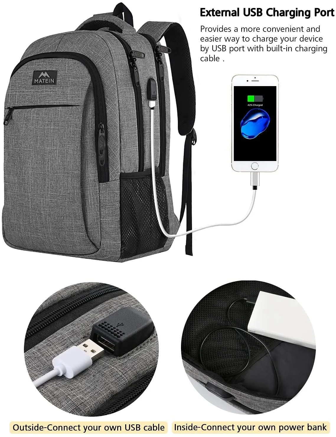 Рюкзак для ноутбука MATEIN Multifunction USB 15.6 дюймов Grey, фото №3 Рюкзак для ноутбука MATEIN Multifunction USB 15.6 дюймов Grey, фото №3