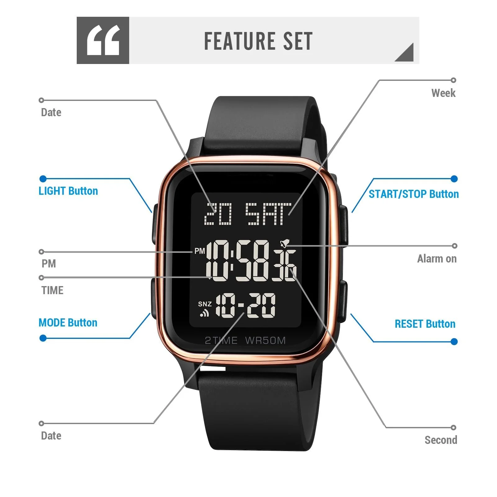 Цифровые LED часы Findtime Мужские Женские Прямоугольные Квадратные Большие Цифры Унисекс Мужские Спортивные Водонепроницаемые Двойное Время Таймер Секундомер Черный, фото №6