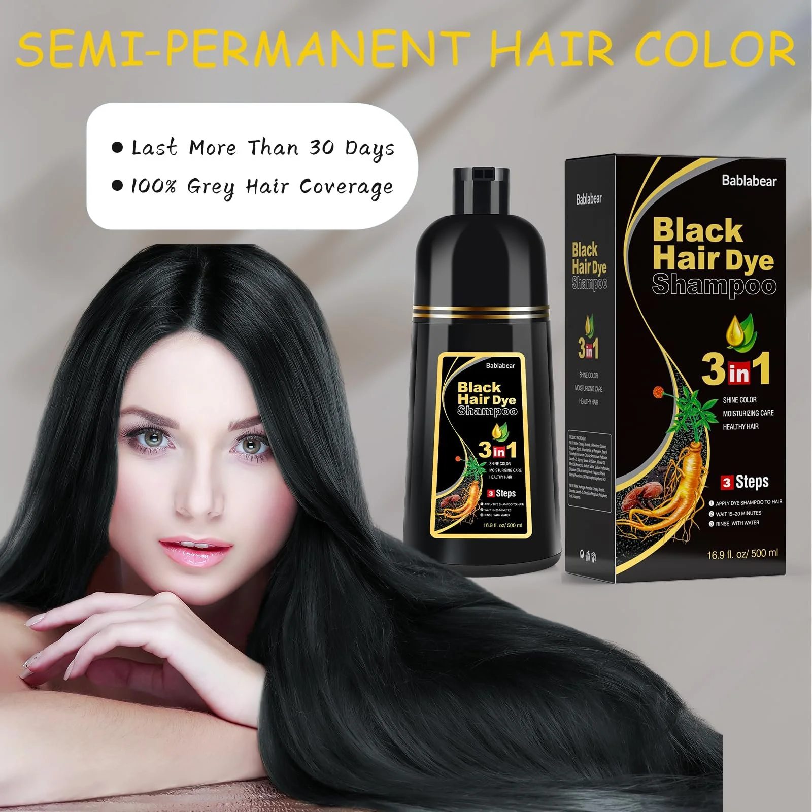 Шампунь для окрашивания волос Bablabear Black, для мужчин и женщин, для седых волос, 3 в 1, для сухих волос, 500 мл, фото №8