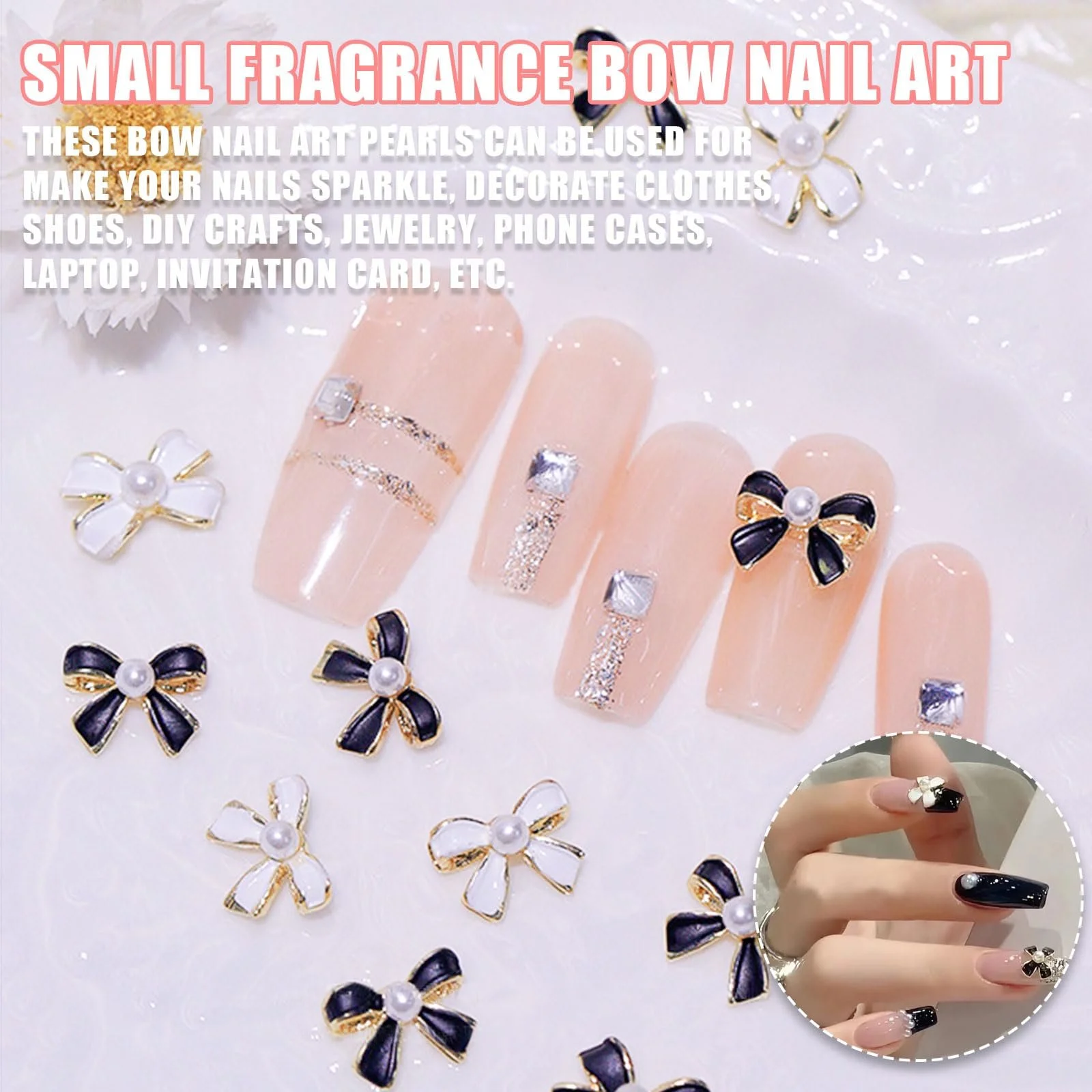 Украшения для ногтей Бантик 40 штук Черный Белый Металлические украшения для ногтей Бантики для дизайна ногтей, фото №3