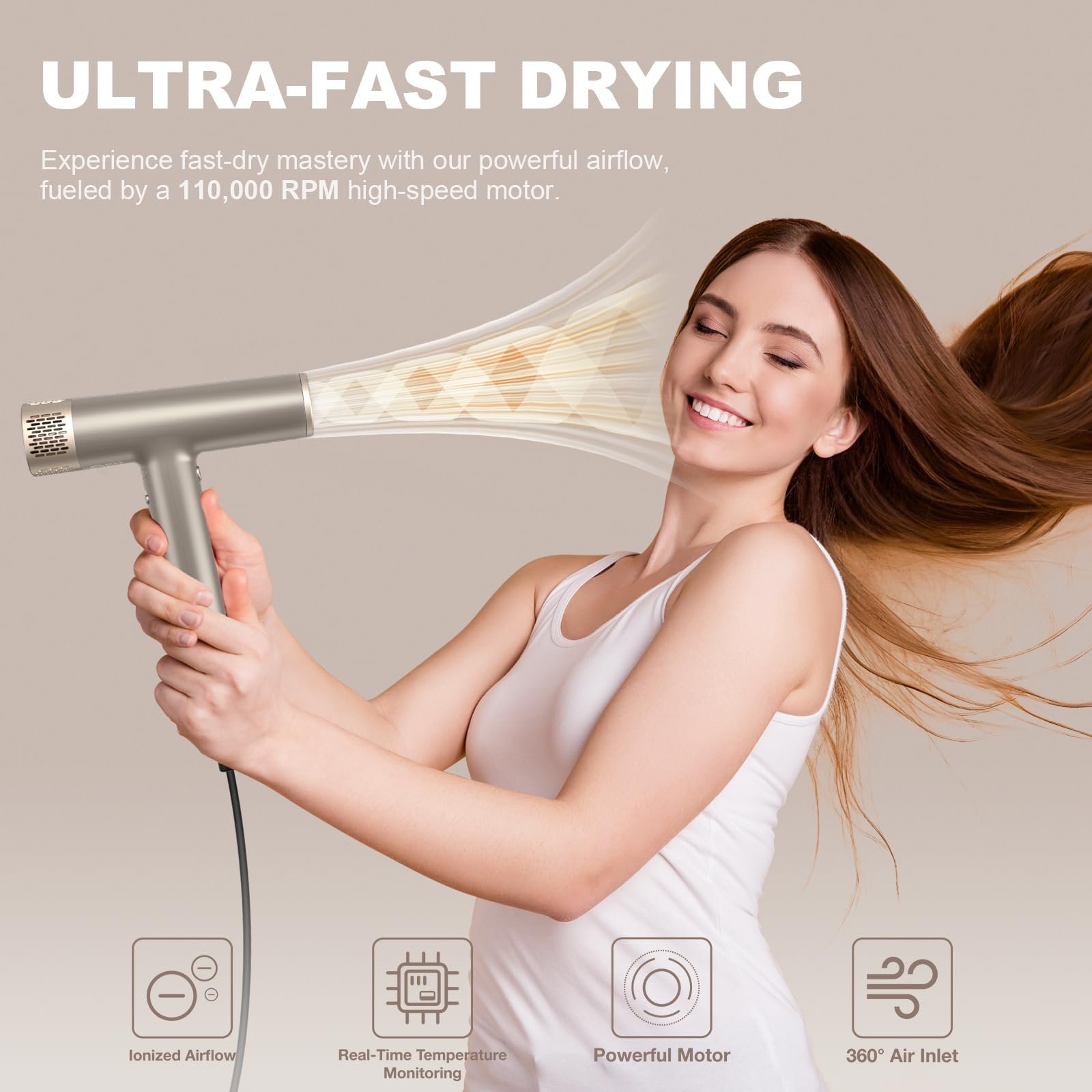 Фен YAPOY Professional з дифузором, 110 000 об/хв, висока швидкість, без пошкодження теплом, інтелектуальний контроль температури, сріблястий, фото №2