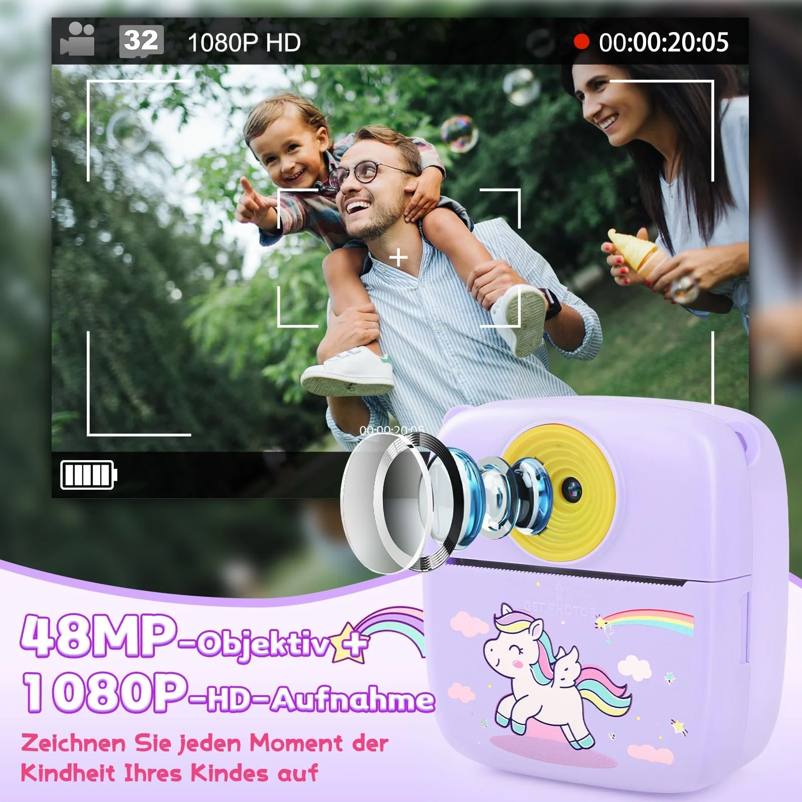 Детская цифровая фотокамера мгновенной печати 48MP 1080P с бумагой для печати и картой TF 32G Пурпурная (розовая), фото №3