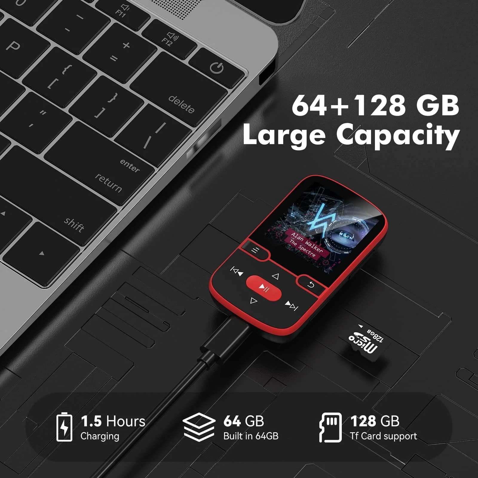 MP3-плеер 64 GB Bluetooth 5.3 с клипсой, детский HiFi спортивный музыкальный плеер, 1.5-дюймовый экран, FM-радио/шагомер/диктофон, вес 28 г, TF-карта до 128G, фото №3