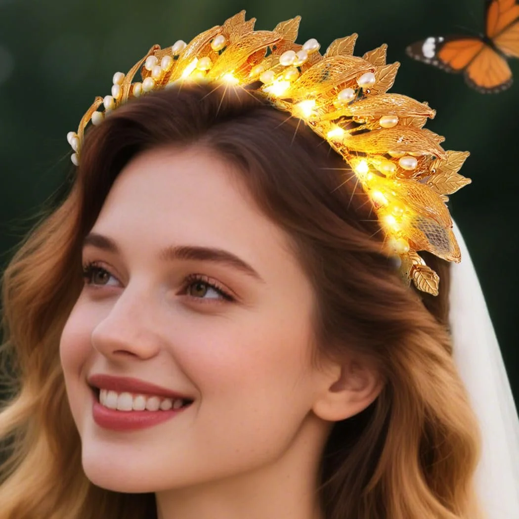 Обруч Zoestar Весільний зі світлодіодами Листя, Богиня, Бісер, Золотий, фото №8 Обруч Zoestar Весільний зі світлодіодами Листя, Богиня, Бісер, Золотий, фото №8