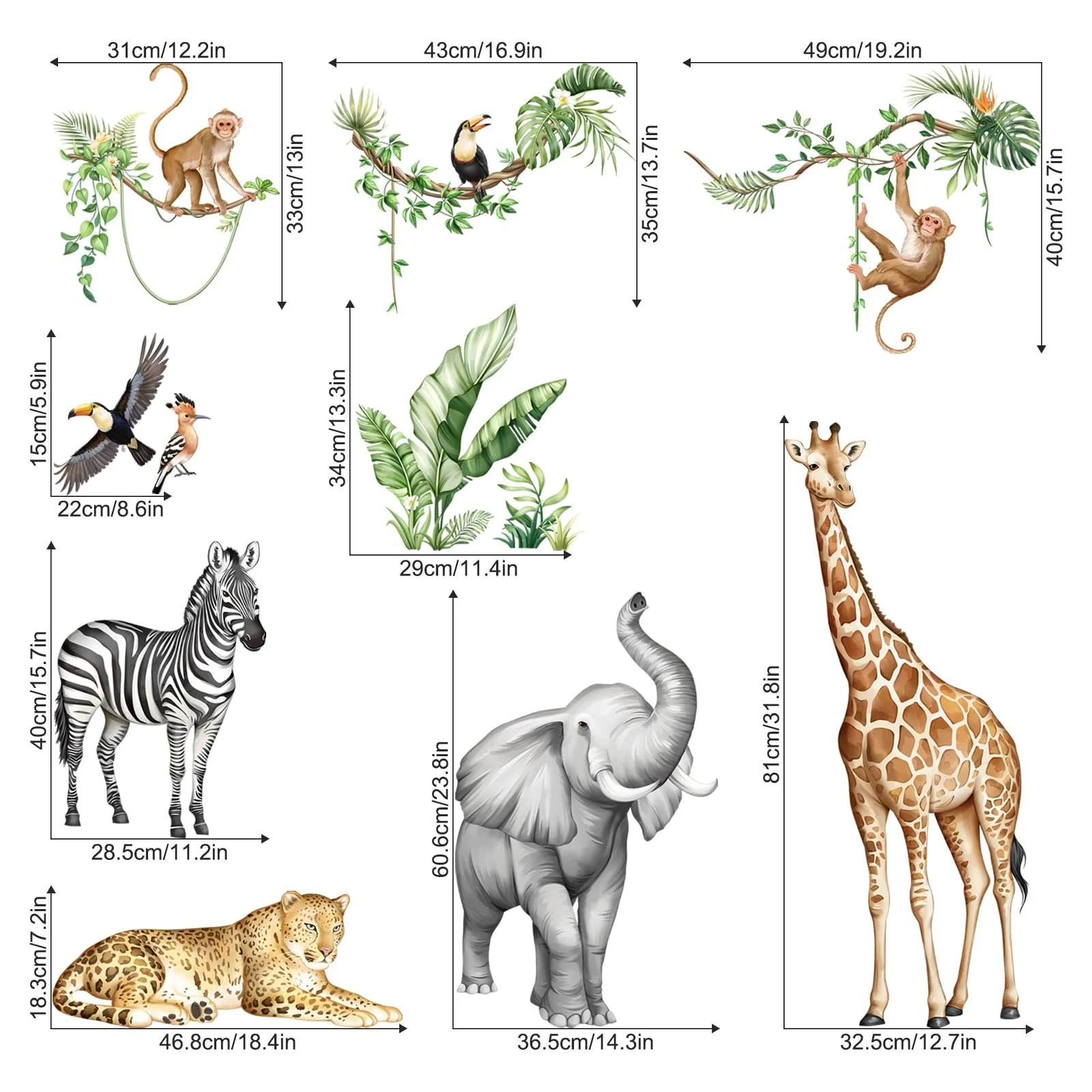 Наклейка на стіну Supzone Jungle Safari Animals Tree XXL Giraffe Elephant 140 x 120 см, фото №4
