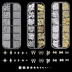 Набор украшений для ногтей lafo, 3 коробки, 36 видов, золотые и серебряные звезды и бантики, белый жемчуг и стразы для дизайна ногтей, аксессуары для дизайна ногтей (A) - Фото 1