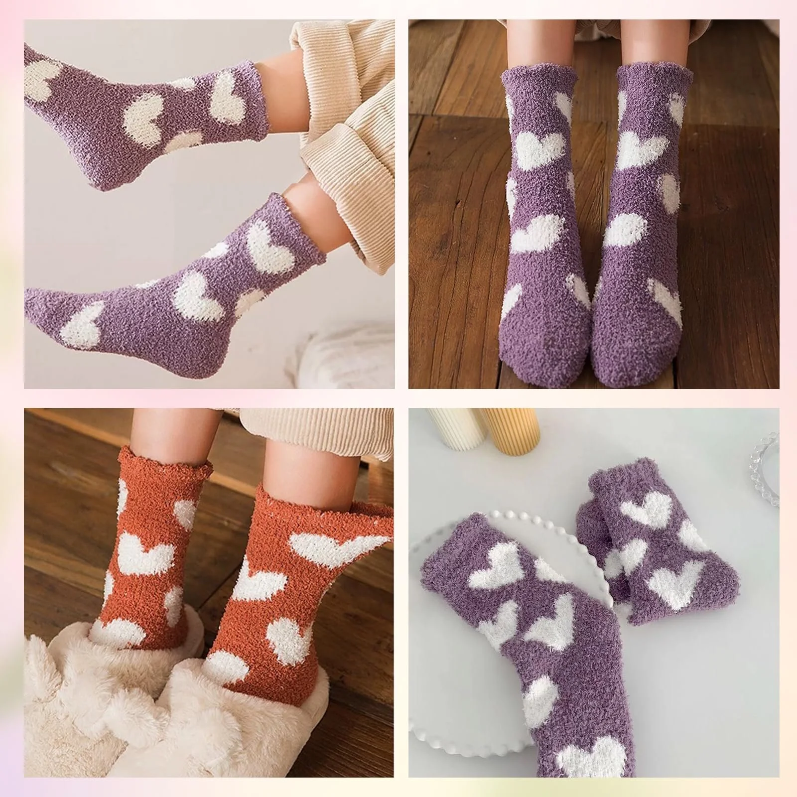 Носки Женские Пушистые 5 пар Теплые эластичные носки для сна Зимние мягкие термоноски Толстые носки для дома Рождественские (Узор сердце), фото №7