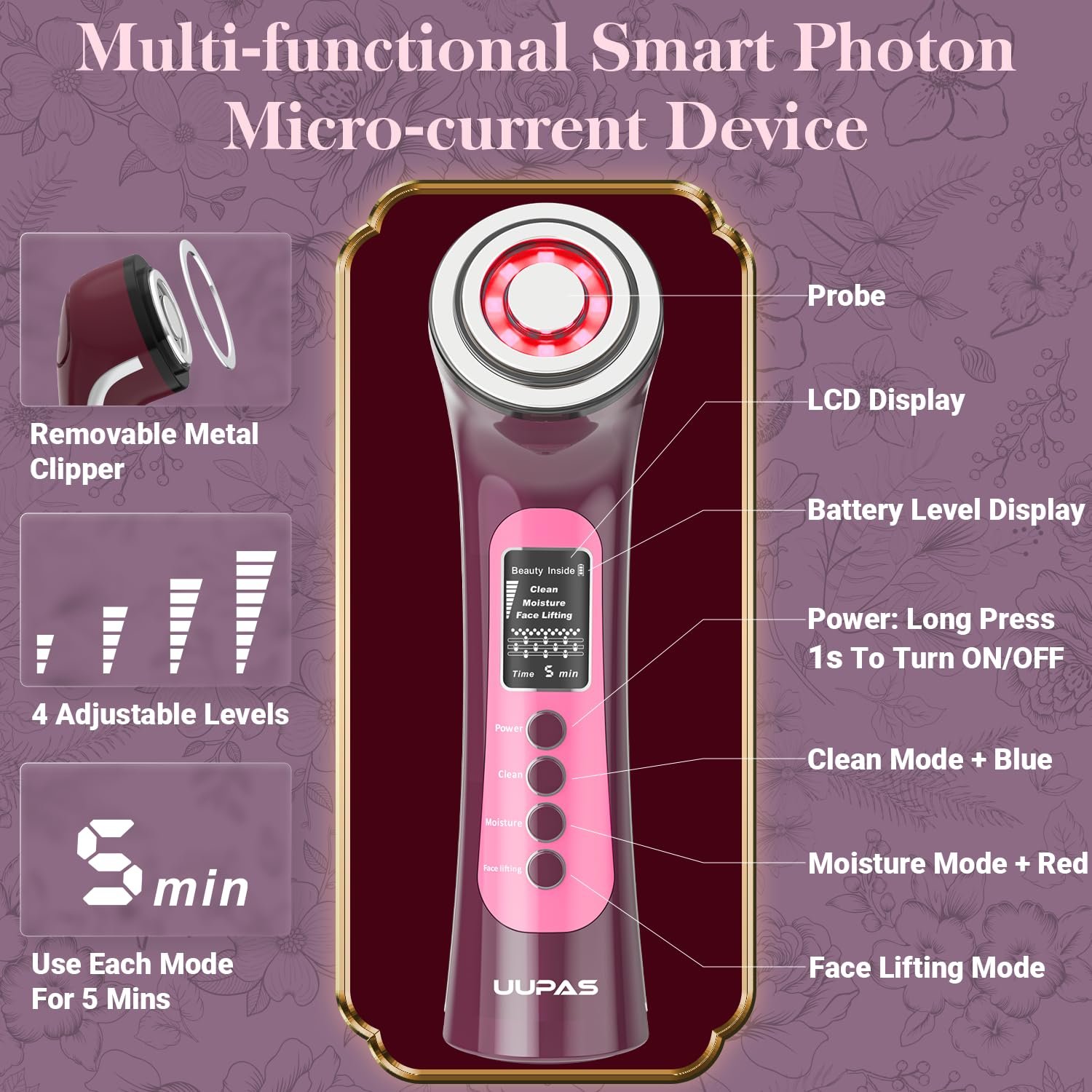 Прибор микротоковый UUPAS LED для красной/синей светотерапии - Радиочастотный и EMS микротоковый прибор для лица - Подтяжка кожи, лифтинг, фото №4
