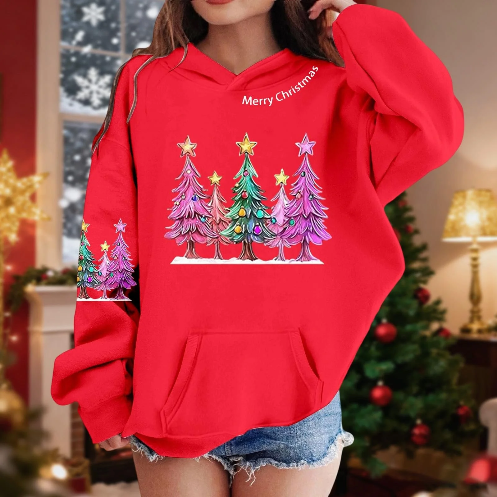 Худи для девочки с длинными рукавами, с принтом, свободного кроя, праздничная одежда, мягкий флисовый верх с капюшоном, игривый графический дизайн, фото №3