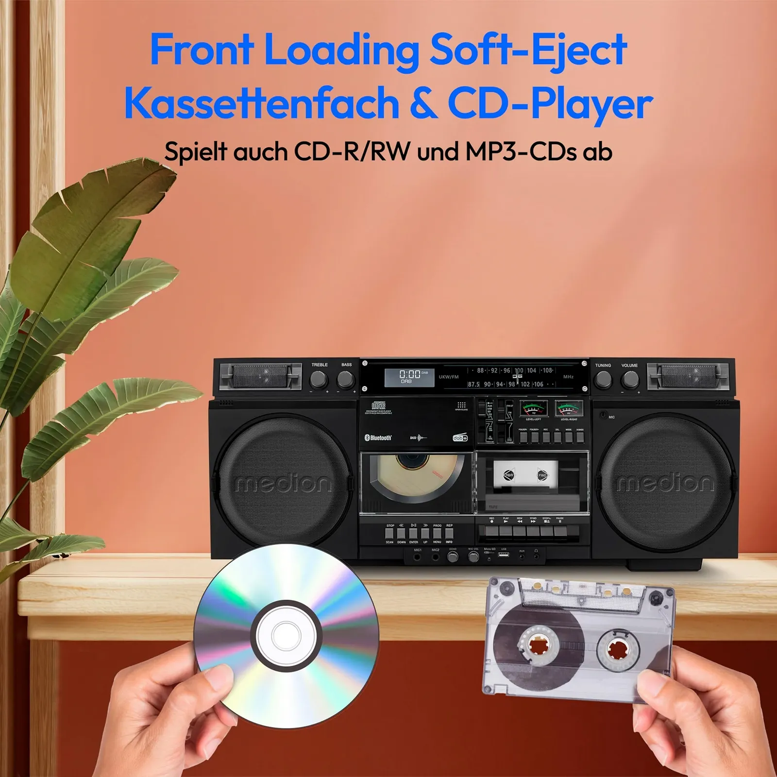 Ретро магнитофон MEDION P66538 с CD-проигрывателем USB SD MC DAB+ радио телескопическая антенна Bluetooth функция записи, фото №6 Ретро магнитофон MEDION P66538 с CD-проигрывателем USB SD MC DAB+ радио телескопическая антенна Bluetooth функция записи, фото №6