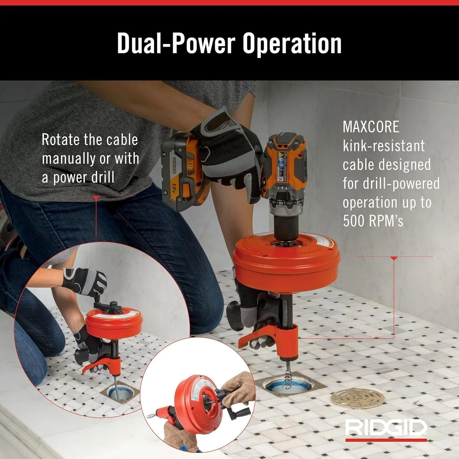 Чистящее средство для труб RIDGID POWER SPIN+ 57043 Black/Red, фото №5 Чистящее средство для труб RIDGID POWER SPIN+ 57043 Black/Red, фото №5
