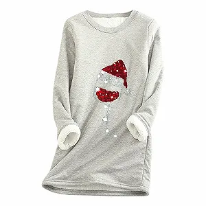 Рождественский джемпер Женский Смешной с графическим принтом бокала красного вина Большой свитшот Утолщенный флис Lambswool Теплый облегающий топ Рубашка С длинным рукавом С круглым вырезом - Фото 1