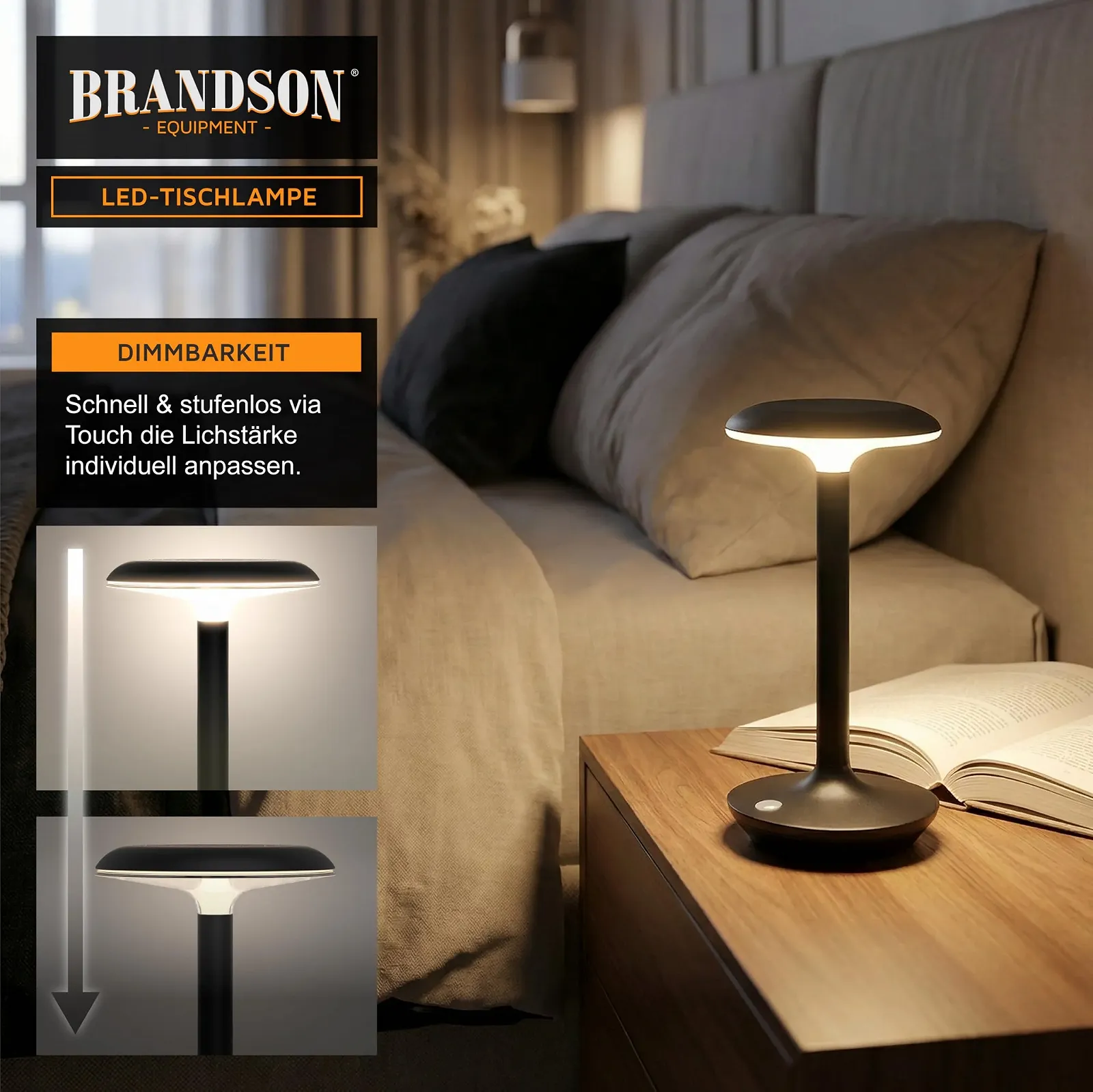 Світлодіодна настільна лампа Brandson акумуляторна бездротова 3 режими сенсорна Чорна, фото №3