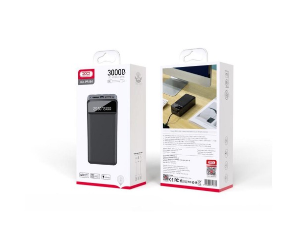 Зовнішній акумулятор Power Bank XO PR164 with Flashlight 2USB+Type-C 30000mAh Black, фото №1