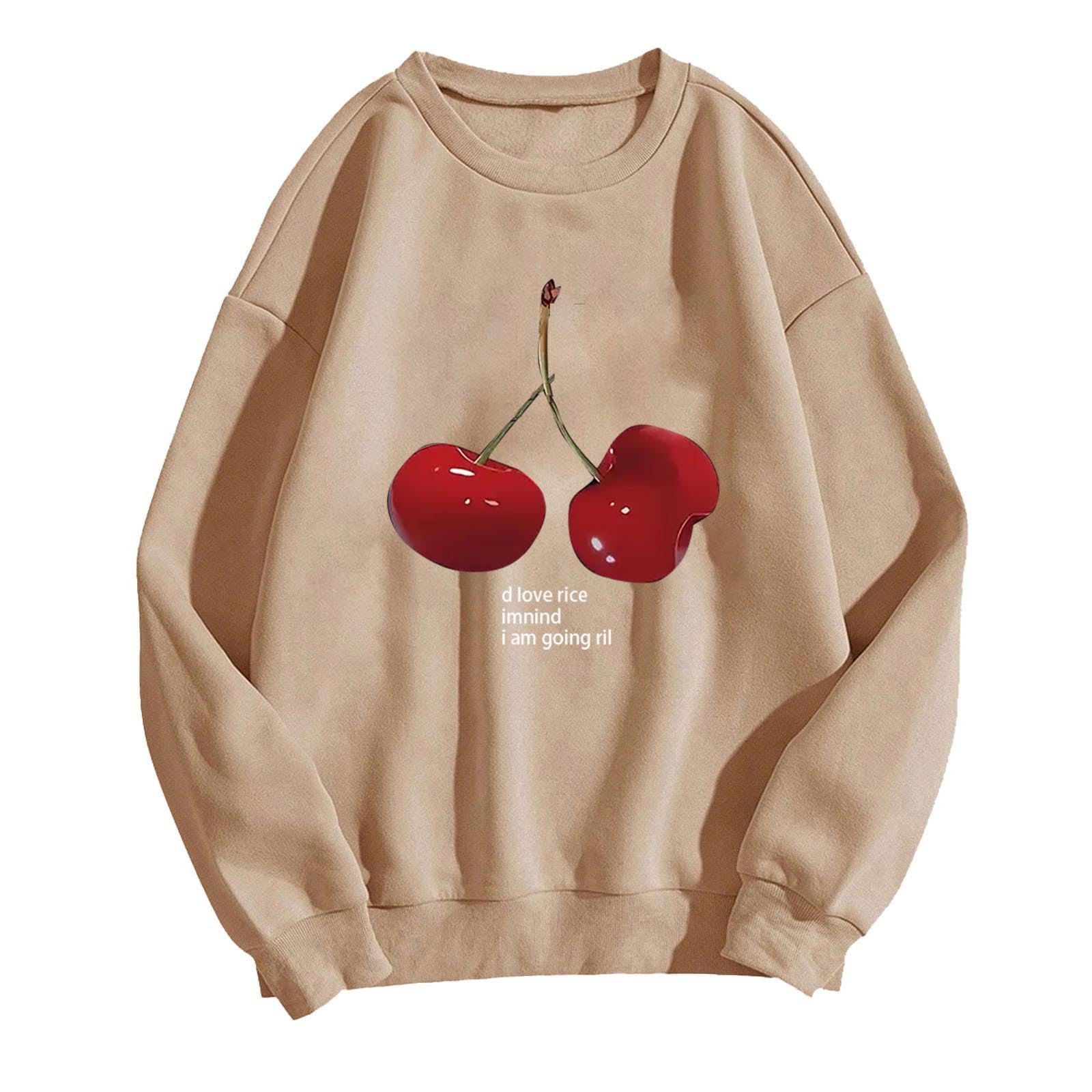 Пуловер Komiseup Oversized Y2K Лонгслив Базовый Круглый вырез Толстовка без капюшона Элегантный Однотонный Лонгшерт Модный Принт вишни Рубашка Хлопковая Спортивная рубашка Подростковый Девичий Стритвер 05, фото №1