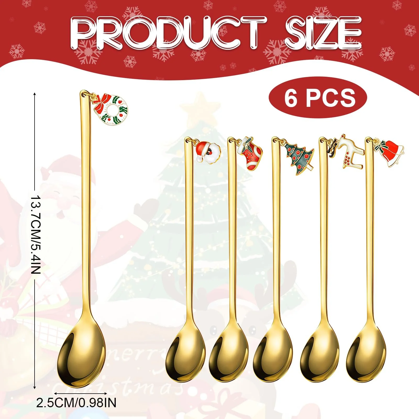 Ложки Рождественские, 6 штук, кофейные ложки из нержавеющей стали с рождественским кулоном, маленькая домашняя ложка, набор ложек, чайная ложка, десертная ложка, с подарочной упаковкой (золотой), фото №2