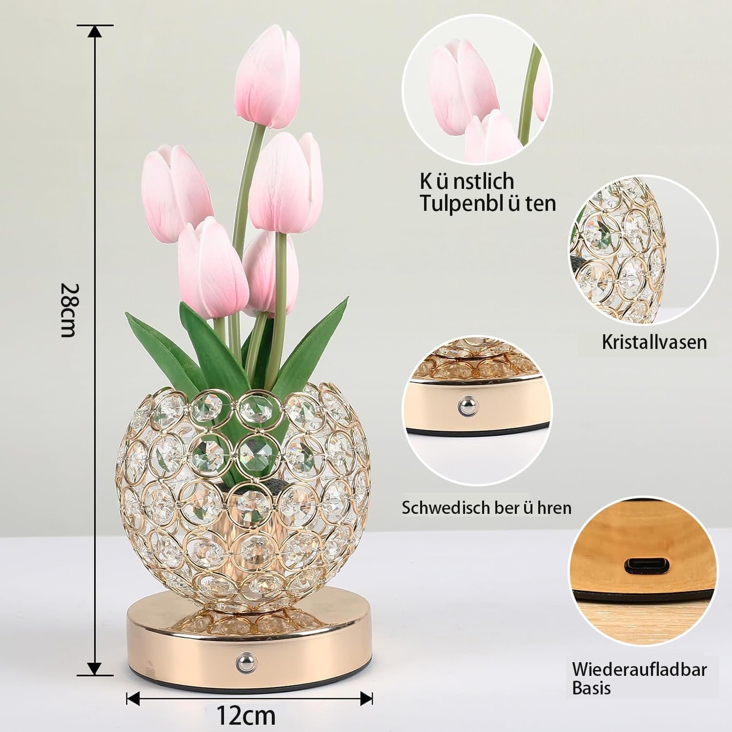 Настільна лампа приліжкова Crystal Flower Акумуляторна Tulip USB Рожева, фото №5