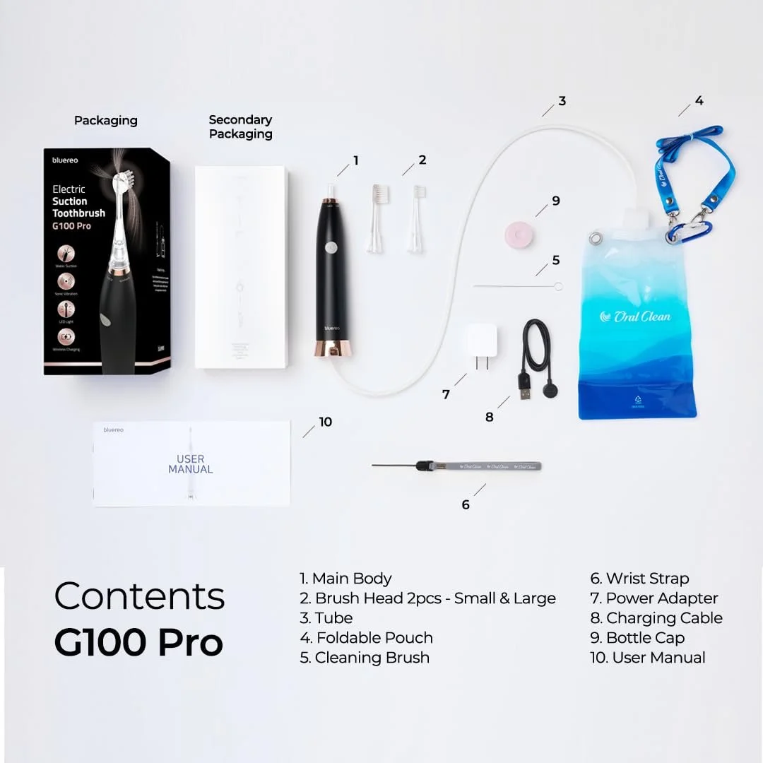 Электрическая зубная щетка с отсосом Bluereo G100 Pro со звуковой вибрацией LED-подсветкой портативная для людей с дисфагией Black/Rose Gold, фото №5