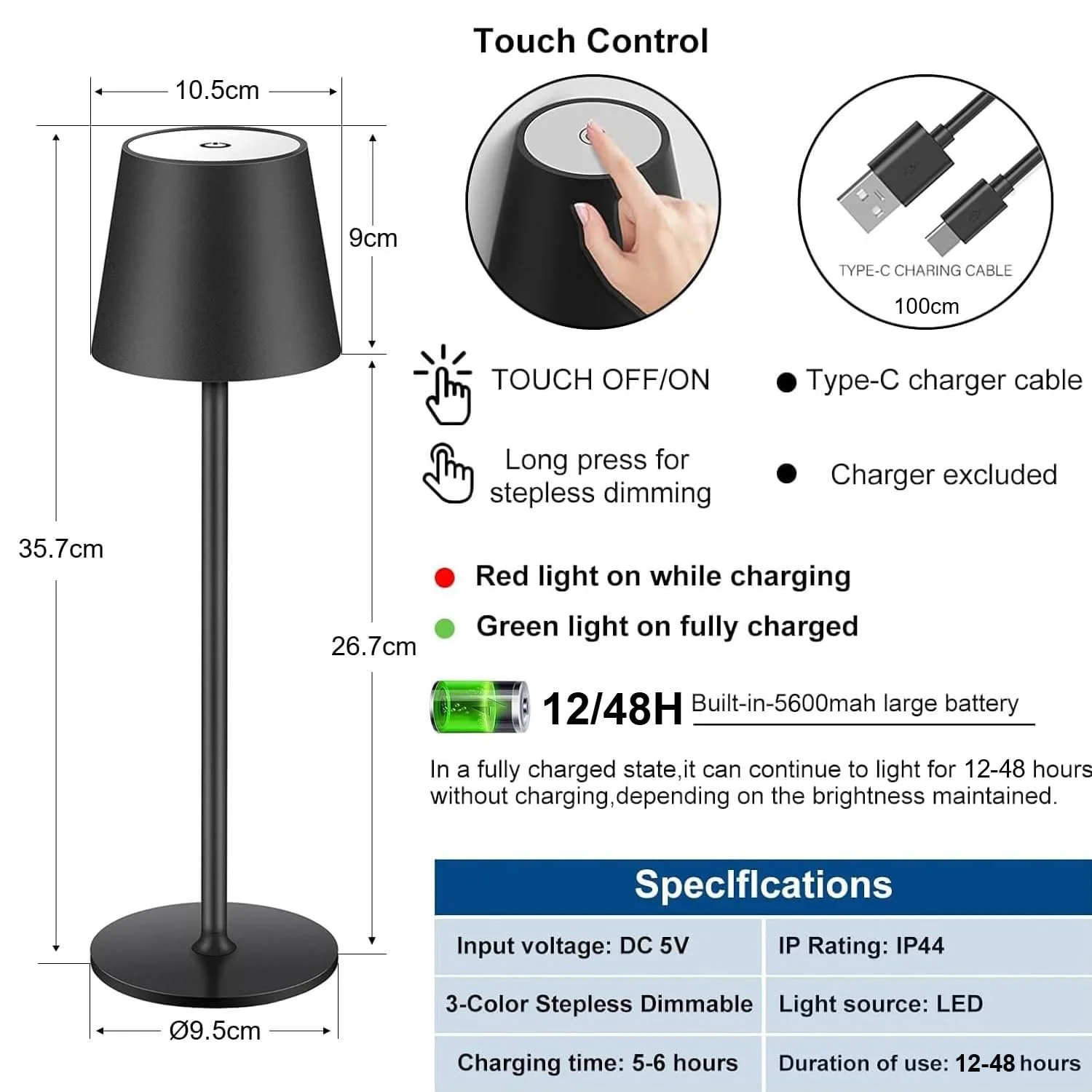 Настільна лампа LED Акумуляторна з регулюванням яскравості Сенсорна USB-C Метал IP44 5600 мАг 5 Вт Набір із 2 шт Black, фото №5